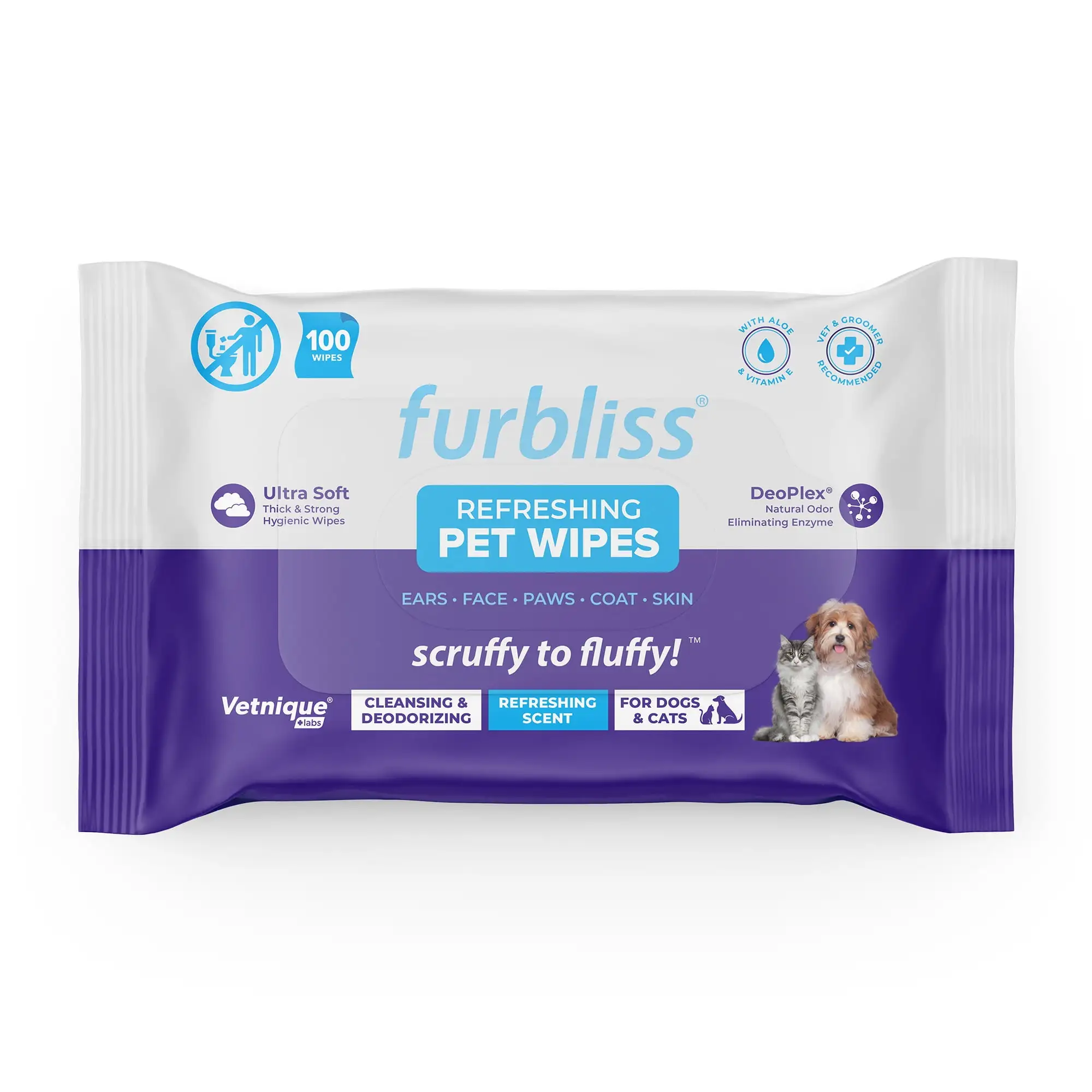 Vetnique Labs Furbliss Hygienic Pet Wipes for Dogs & Cats. Refreshing Scent. 100ct Pouch