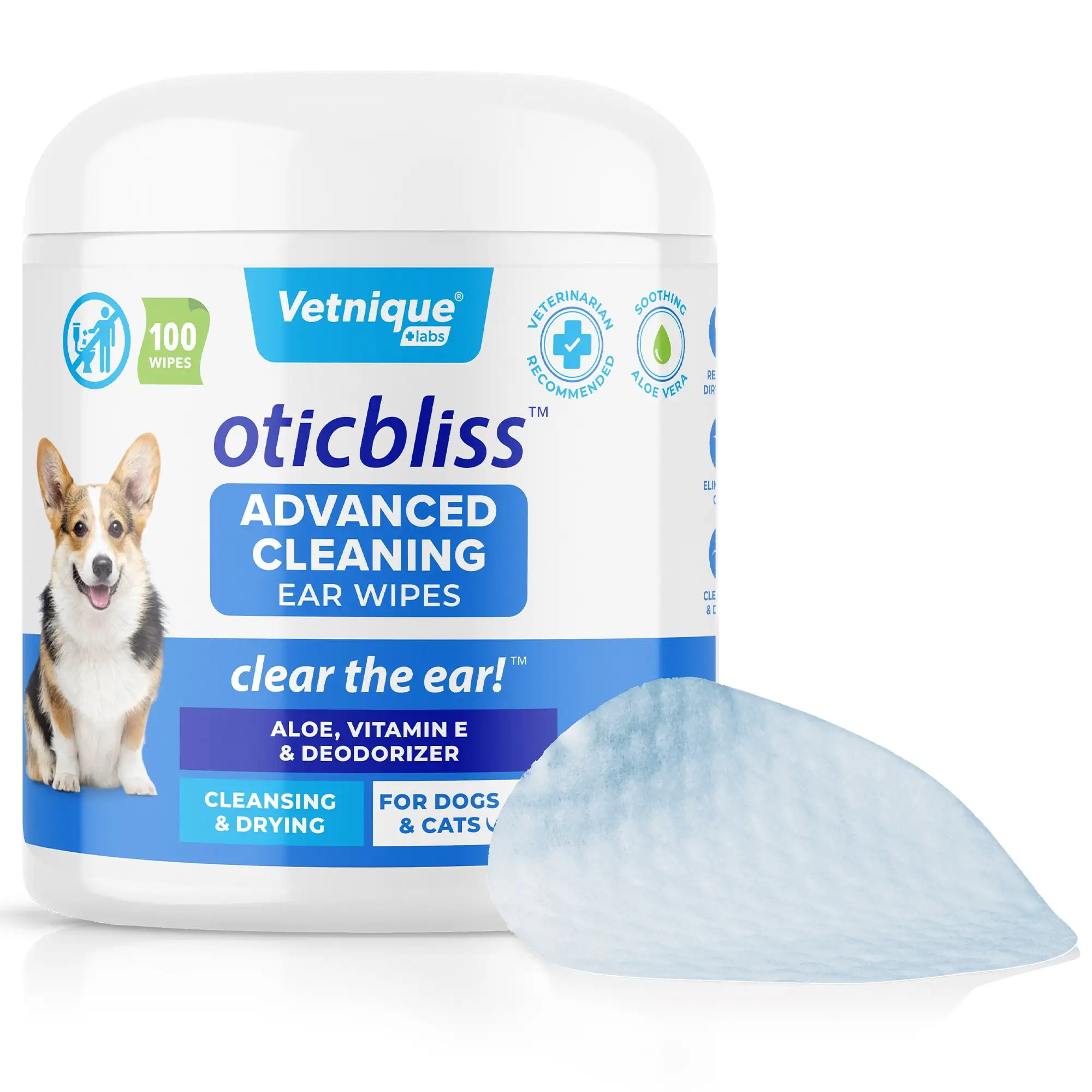 Vetnique Labs Oticbliss Advanced Cleansing and Drying Ear Wipes for Dogs & Cats 100 Ct