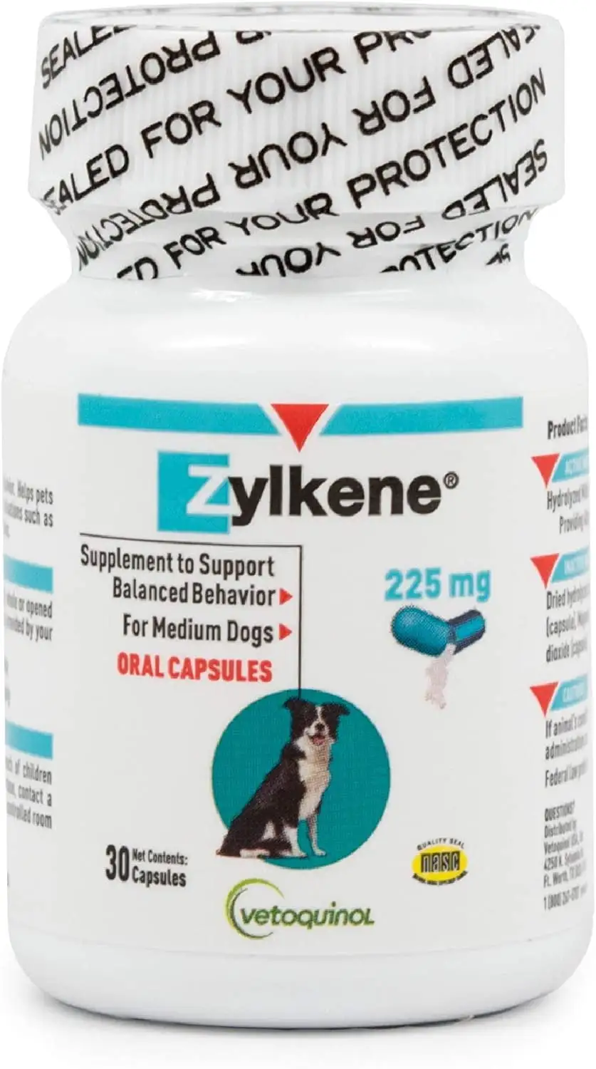 Vetoquinol Zylkene Behavior Support Capsules for Dogs & Cats. 225mg. 30ct - Calming Natural Milk Protein Supplement - Help Pets Cope with Change & Noise-Related Stress - Non-Drowsy - Lactose-Free