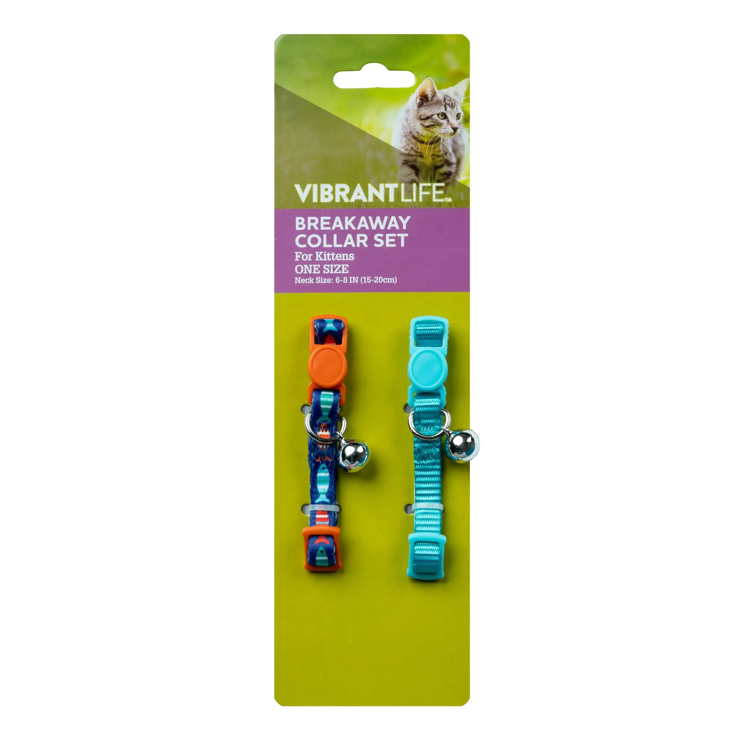 Vibrant Life 2-Pack Kitten Collar Navy Multi Fish and Solid Blue. One Size