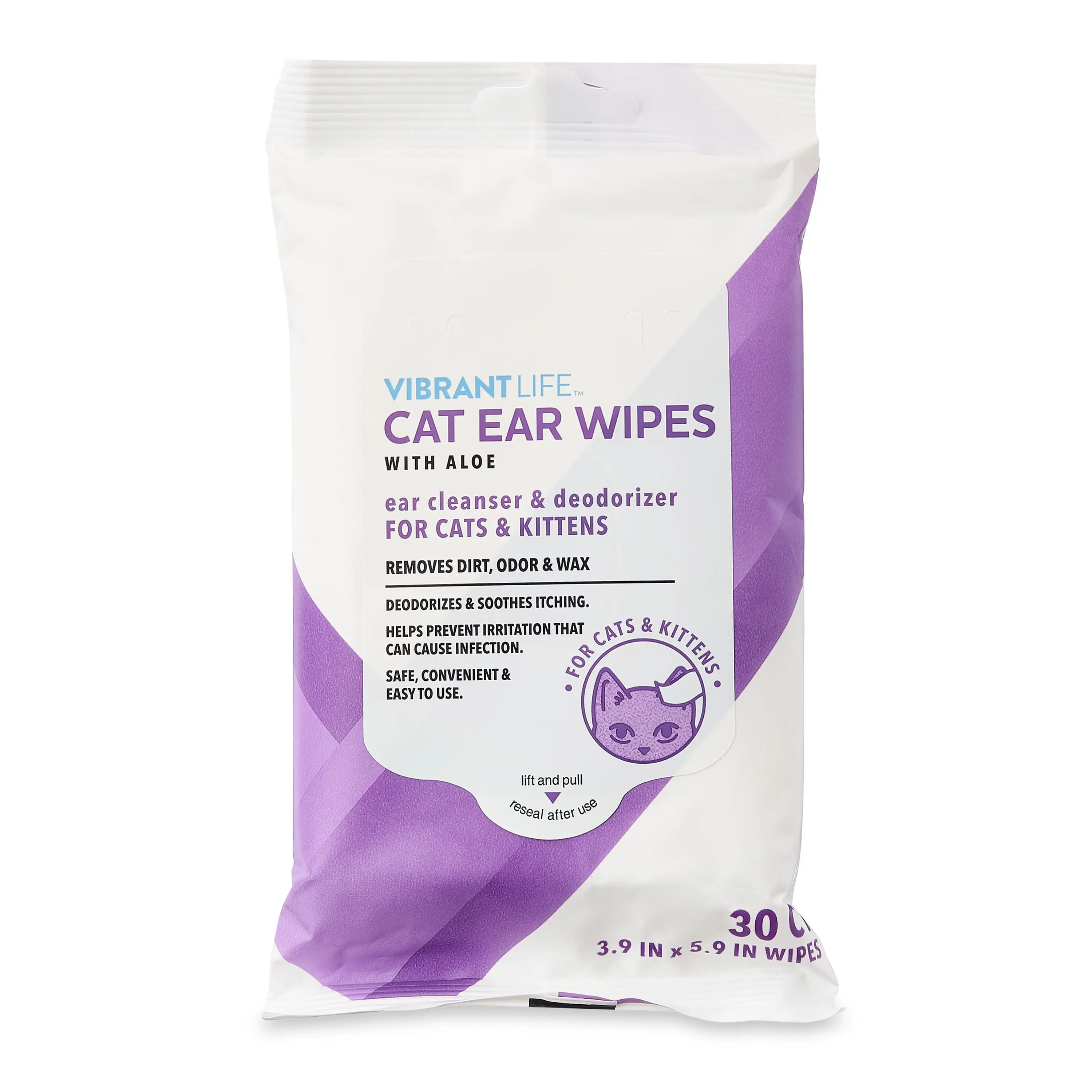 Vibrant Life Cat Ear Wipes with Aloe. 30 Count