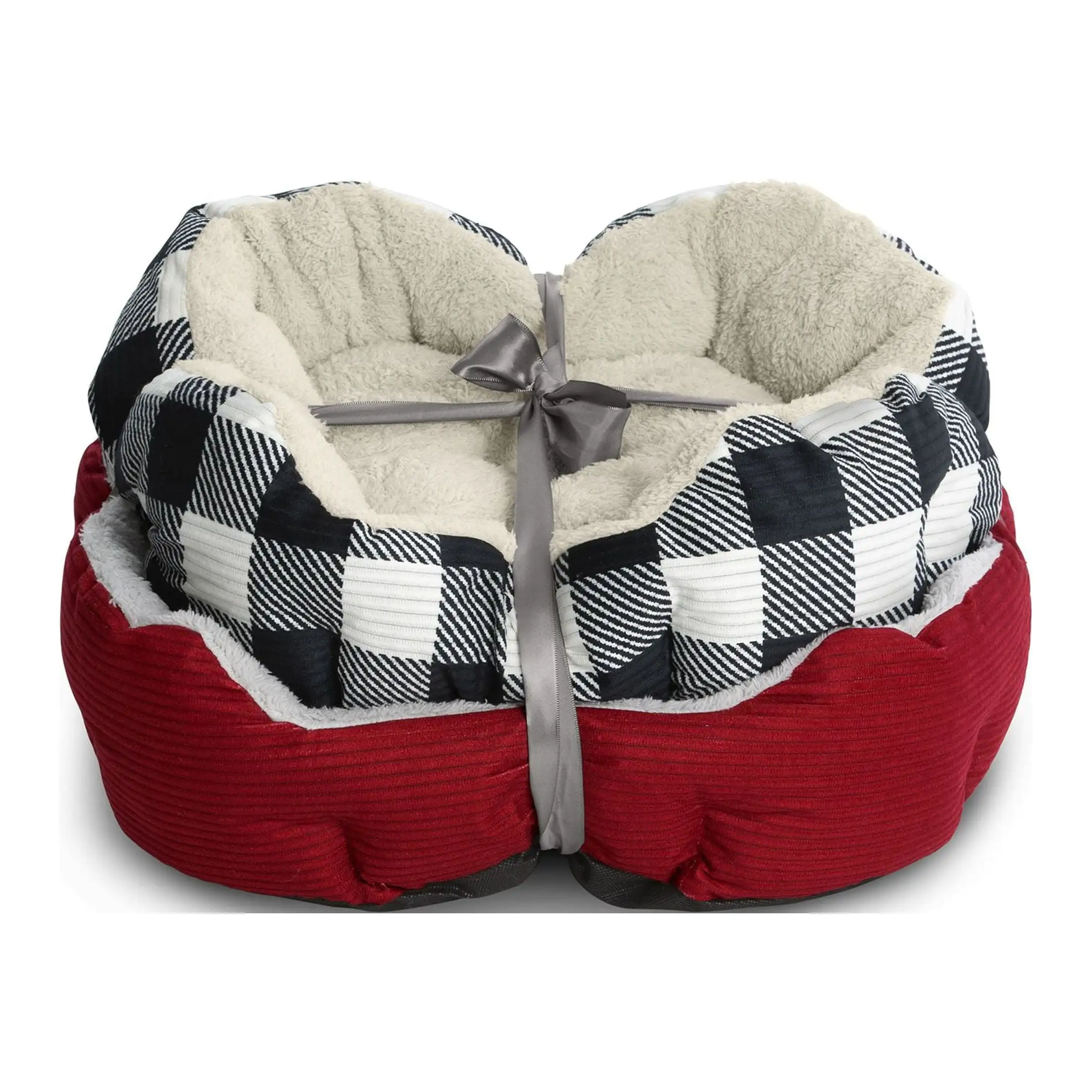 Vibrant Life Cuddler Small Cat / Dog Bed Gift Set. Red and Black/White Buffalo Plaid