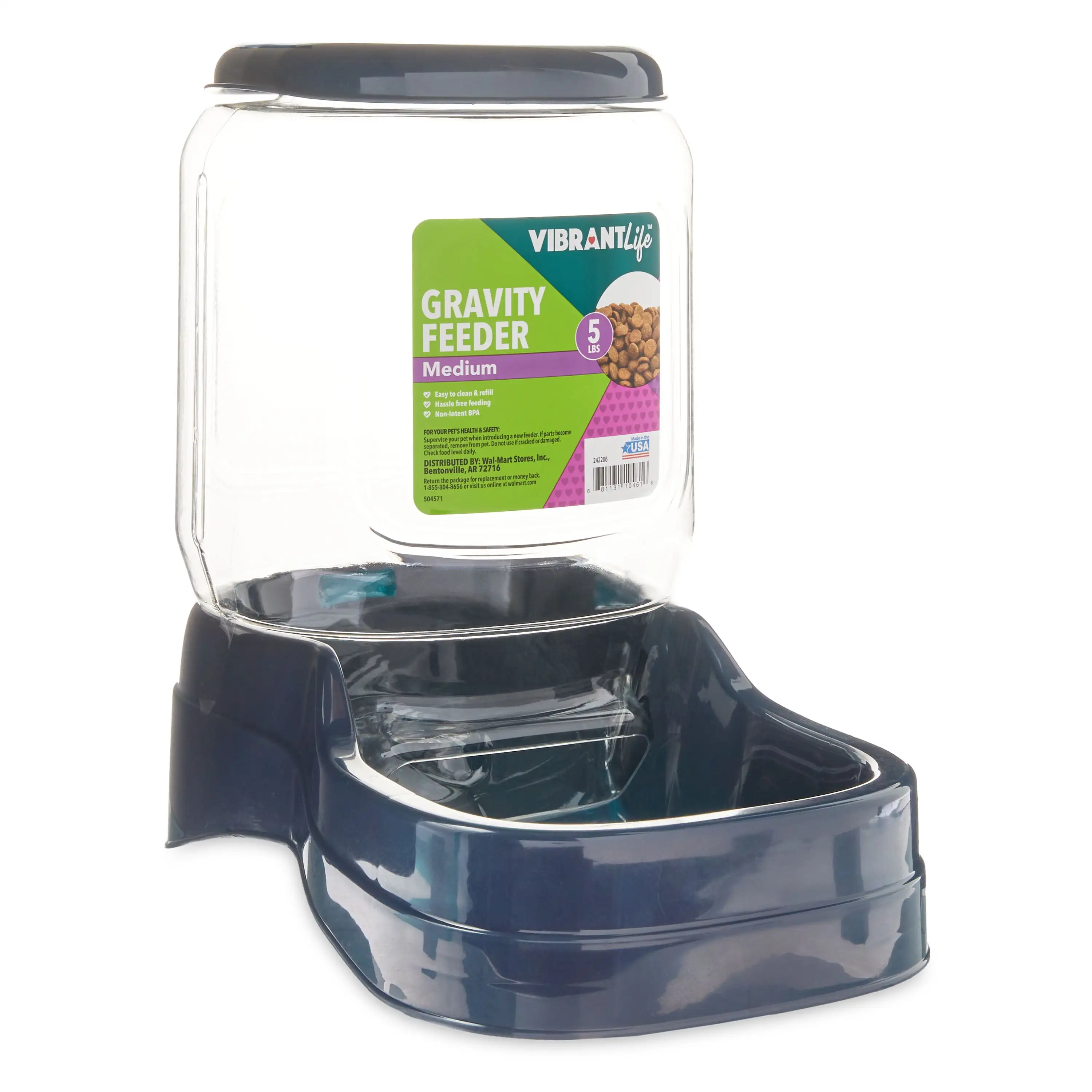 Vibrant Life Gravity Pet Feeder. Blue. Medium for Dogs and Cats. 5 Pound Capacity