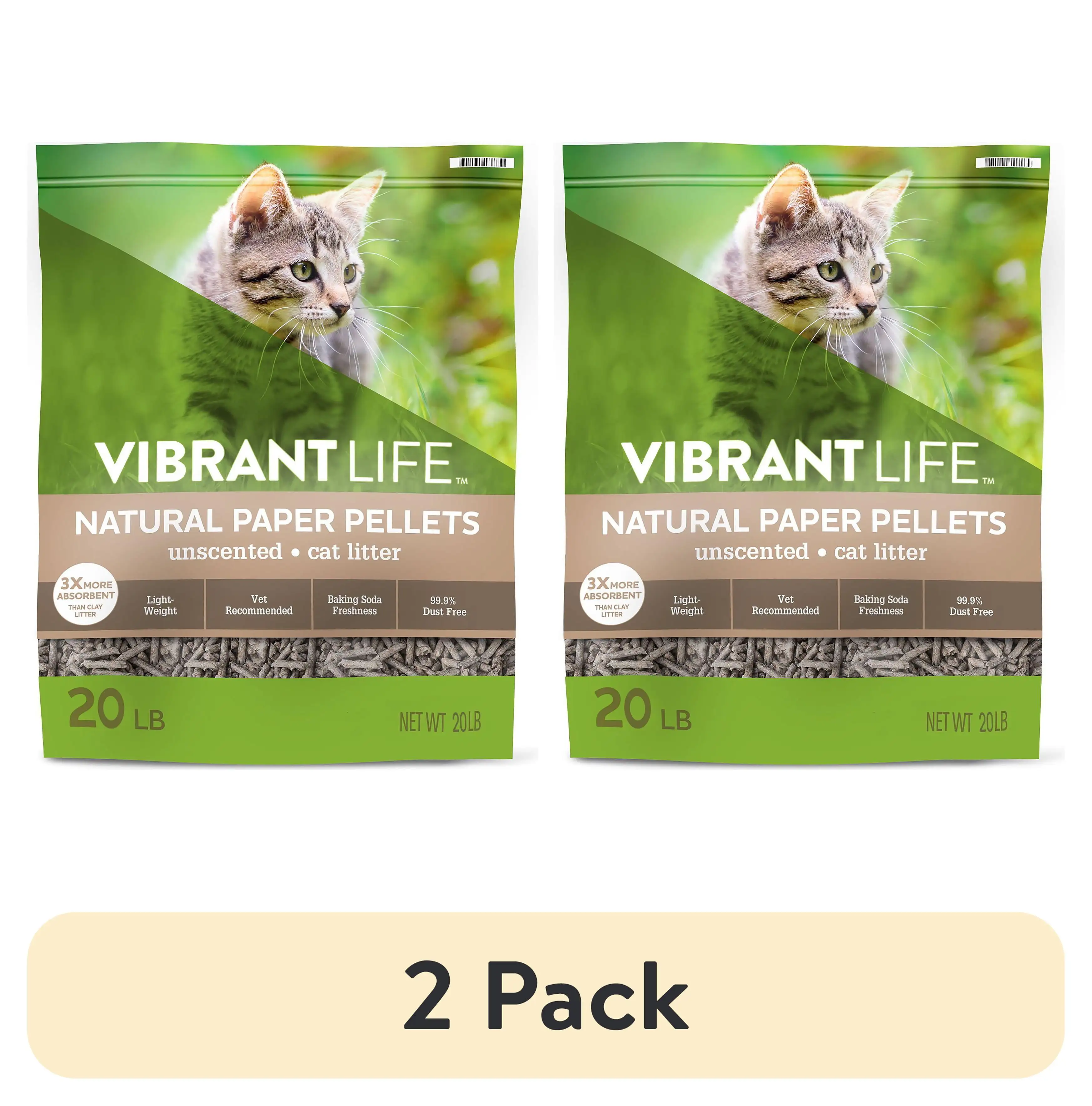 (2 pack) Vibrant Life Natural Paper Pellets Cat Litter. Unscented. 20 lb