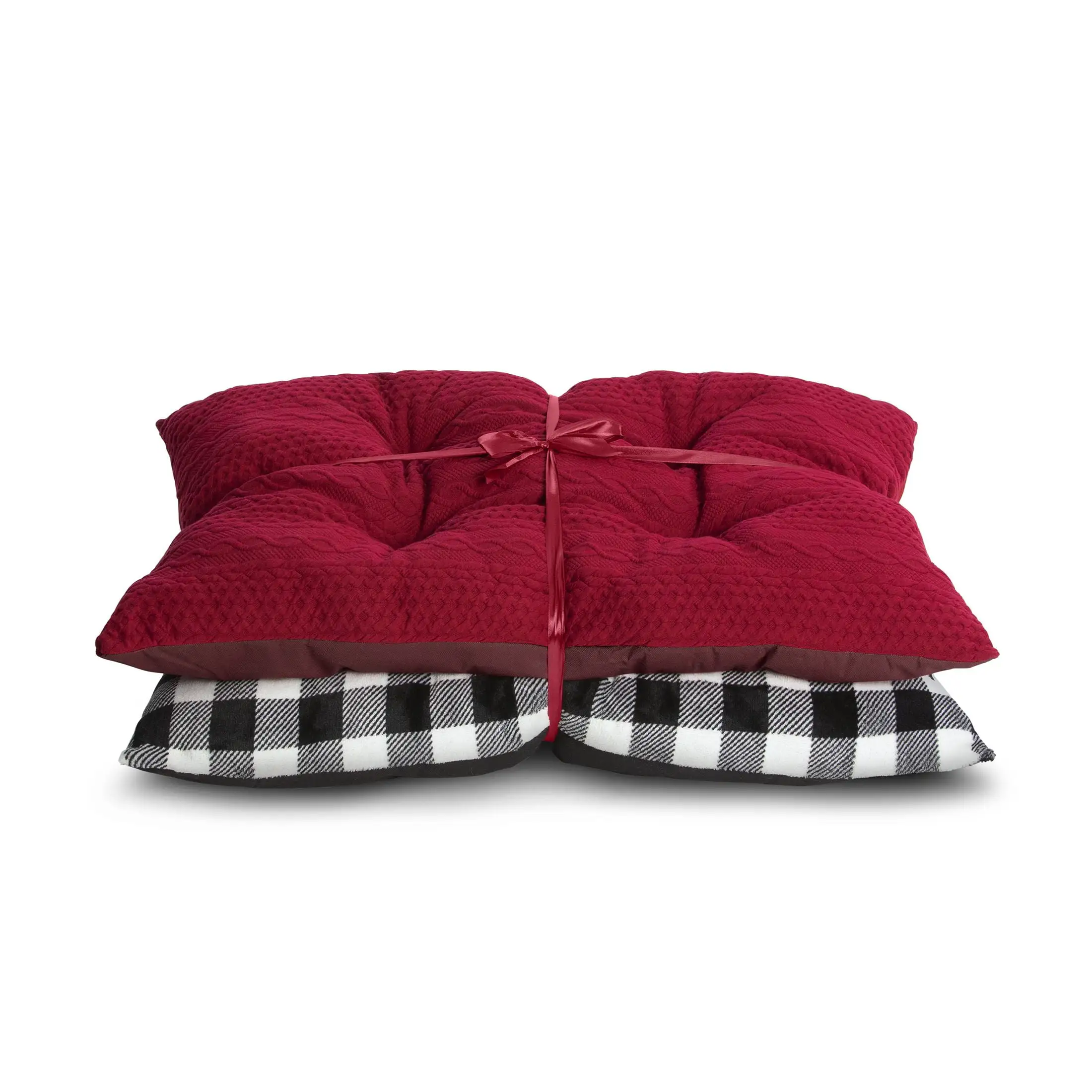 Vibrant Life Tufted Pillow Large Dog Bed Gift Set. Red Knit & Black/White Buffalo Plaid