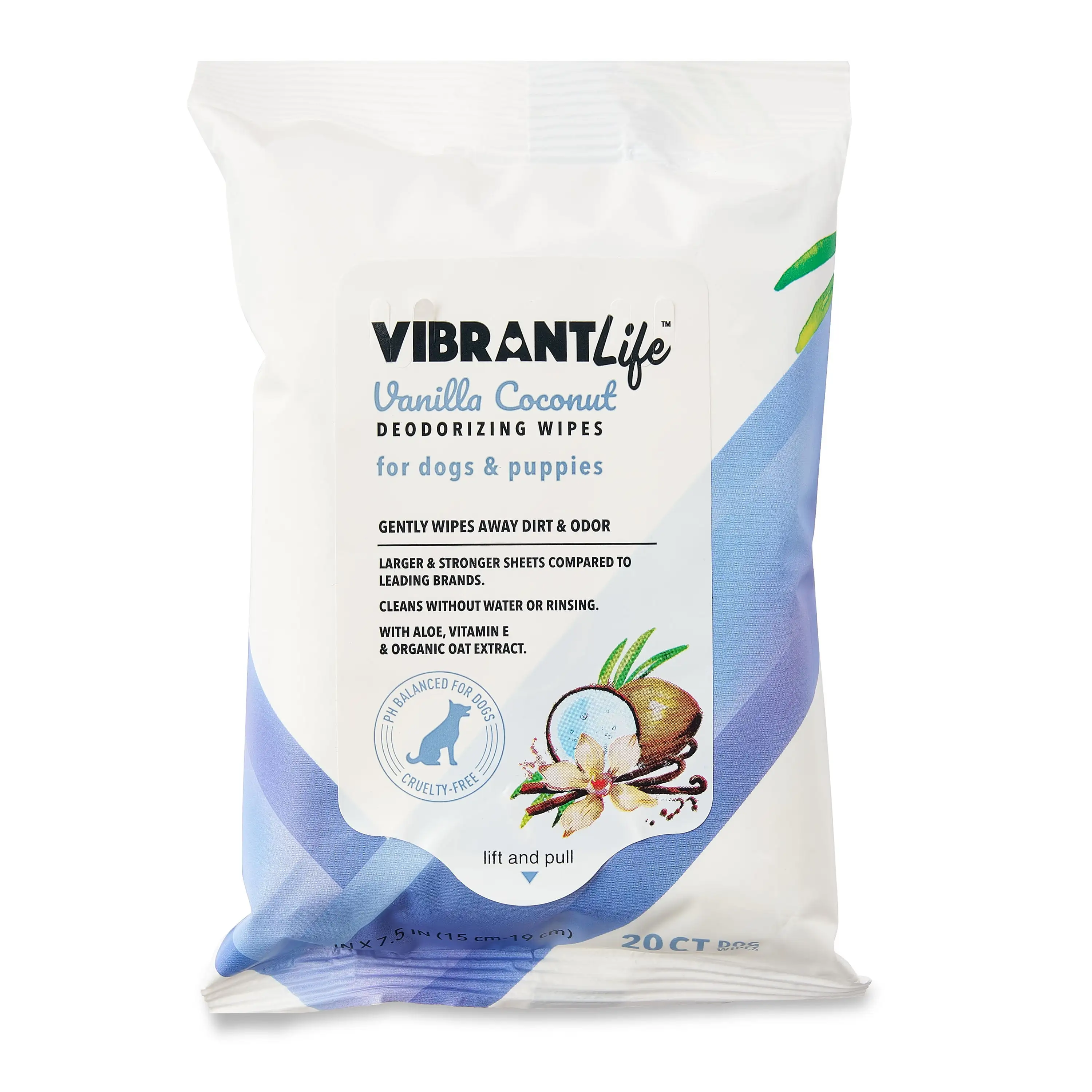 Vibrant Life Vanilla Coconut Deodorizing Wipes for Dogs & Puppies. 20 Count