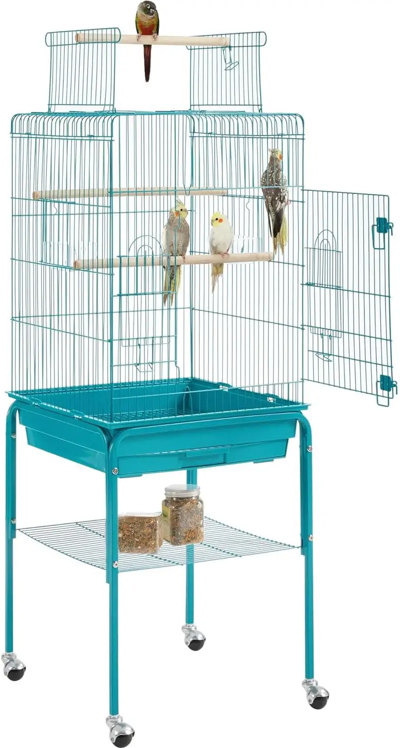 Vinsco Iron Open Top Bird Cage Parrot Cage with Wooden Perches & Rolling Stand for Small Birds Budgies Cockatiels Parakeets