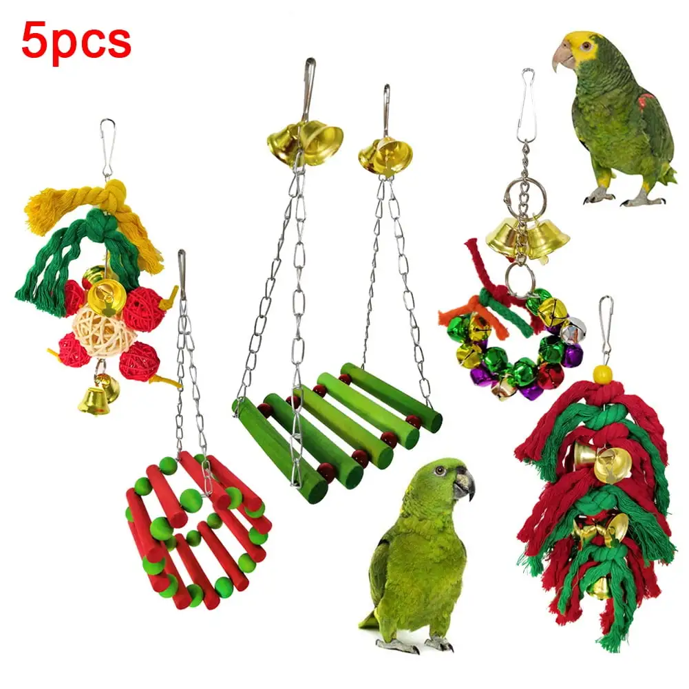 Visland 1/5Pcs Bird Toy. Hanging Swing Funny Parrot Rattan Ball Chew Toy for Small Parakeets. Cockatiels. Conures. Finches. Budgie. Macaws. Parrots. Love Birds