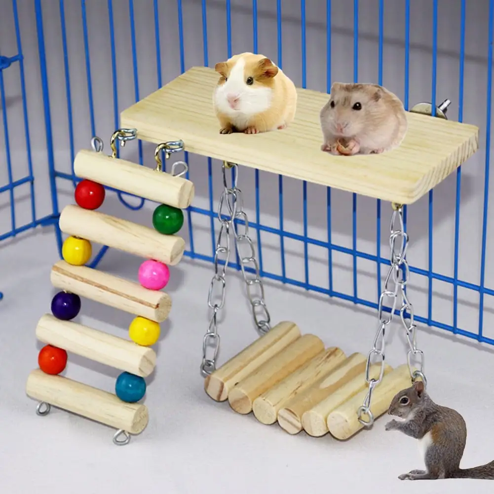 Visland 3Pcs Wooden Hamster Crawling Ladder Gerbil Standing Platform Rat Swing Toys Chinchillas Springboard Perches Small Animal Cage Accessories for Chinchillas Guinea Pig Squirrel Parrot Bird