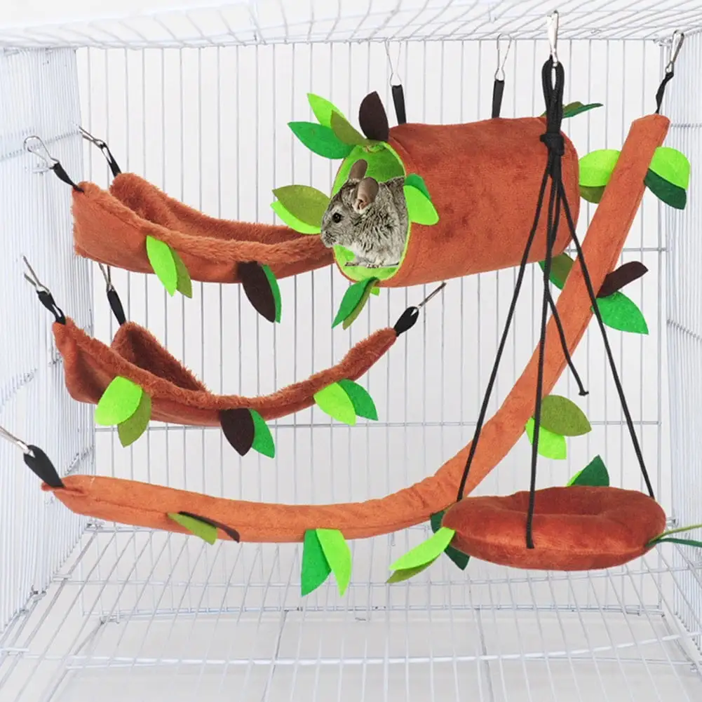 Visland 5pcs Hamster Hammock Small Animals Hanging Warm Bed House Cage Nest Accessories Forest Pattern Cage Toy Leaf Hanging Tunnel and Swing for Sugar Glider Squirrel Hamster Playing Sleeping