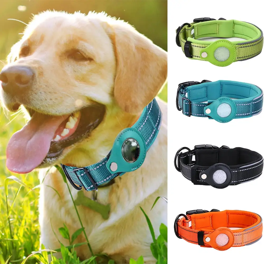 Visland Airtag Dog Cat Collar. Adjustable Waterproof Long Lasting Anti-fade Nylon Diving material Safety Collar with Airtag Holder Case for Medium Large Dogs