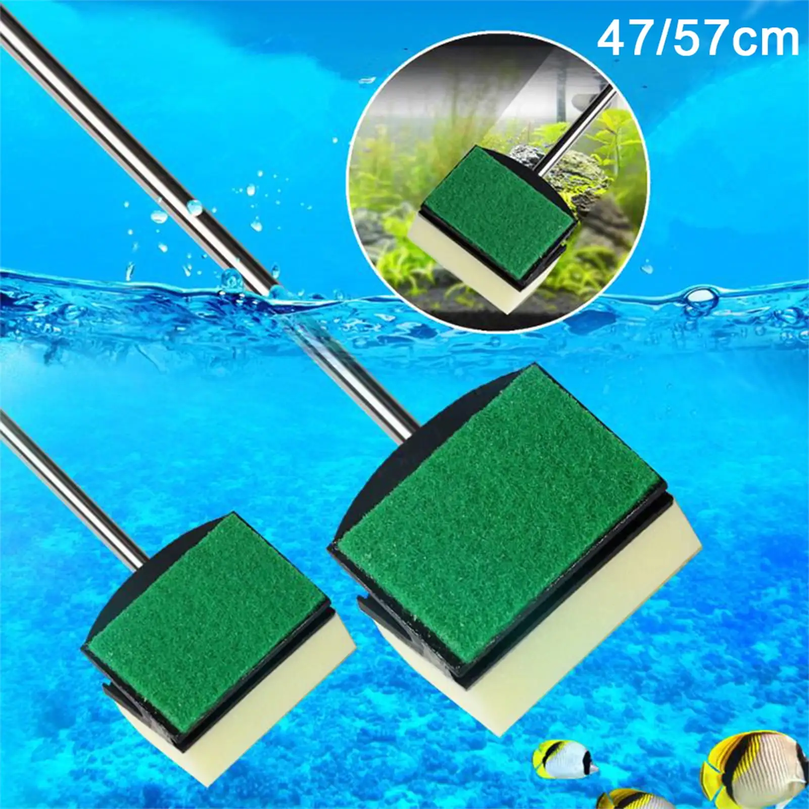 Visland Fish Tank Brush. Double-sided Sponge Stainless Steel Long Handle Sturdy Aquarium Algae Cleaning Brush Tool Sponge Scrubber Cleaner for Glass Aquariums and Home Kitchen