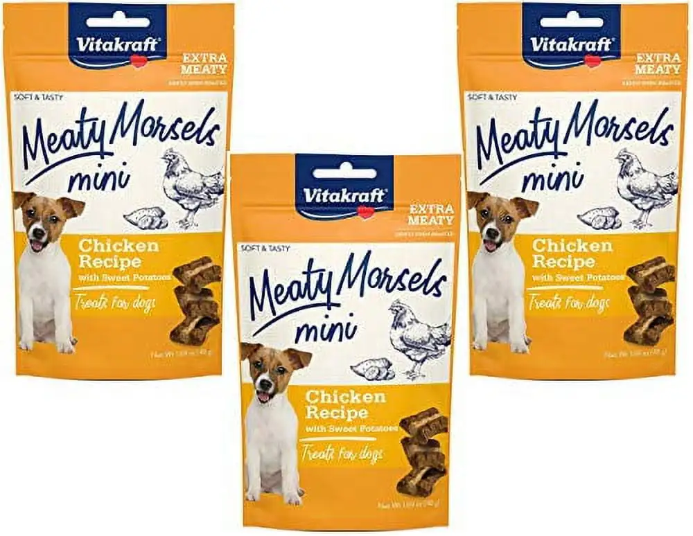 Vitakraft 3 Pack of Chicken Mini Meaty Morsels Dog Treats. 1.69 Ounces Each. with Sweet Potato