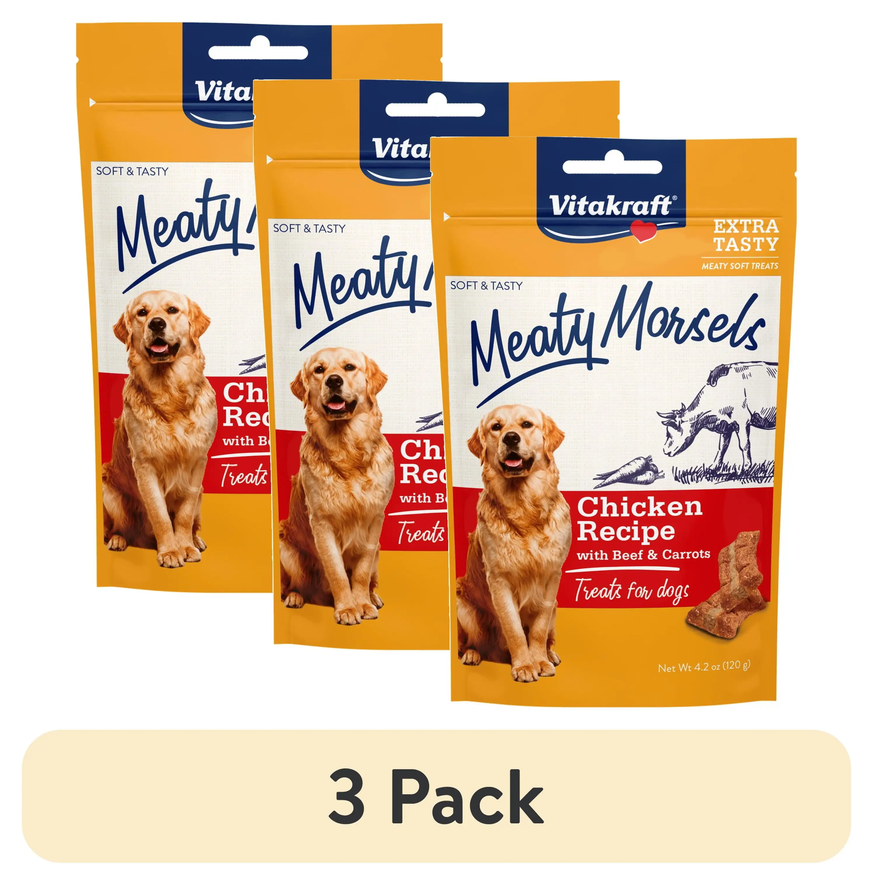 (3 pack) Vitakraft Meaty Morsels: Chicken & Beef with Carrots. Soft Dog Treats. 4.2 oz