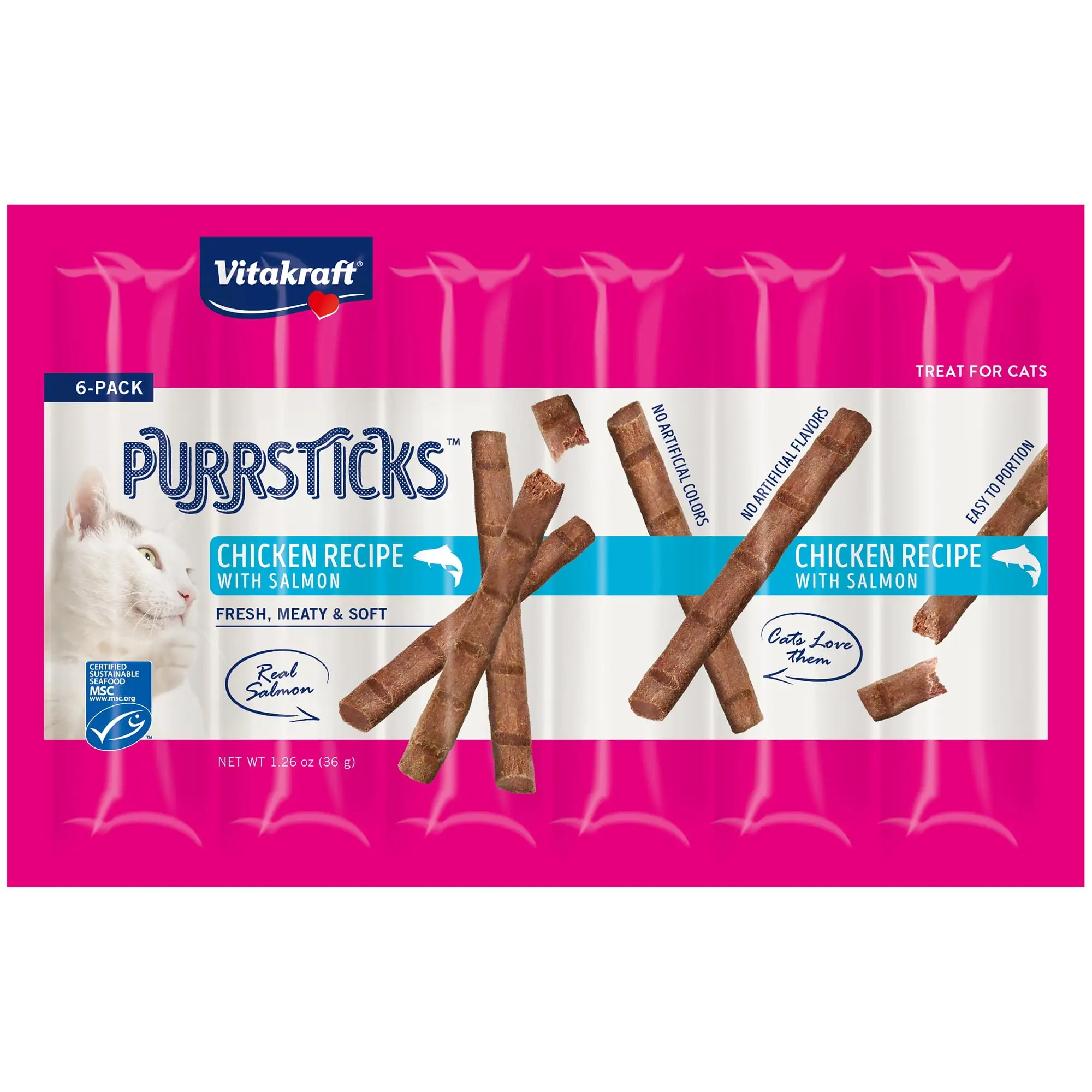 Vitakraft PurrSticks Meaty Cat Sticks - Chicken with Salmon Flavor. (4) Packs of 6 Sticks