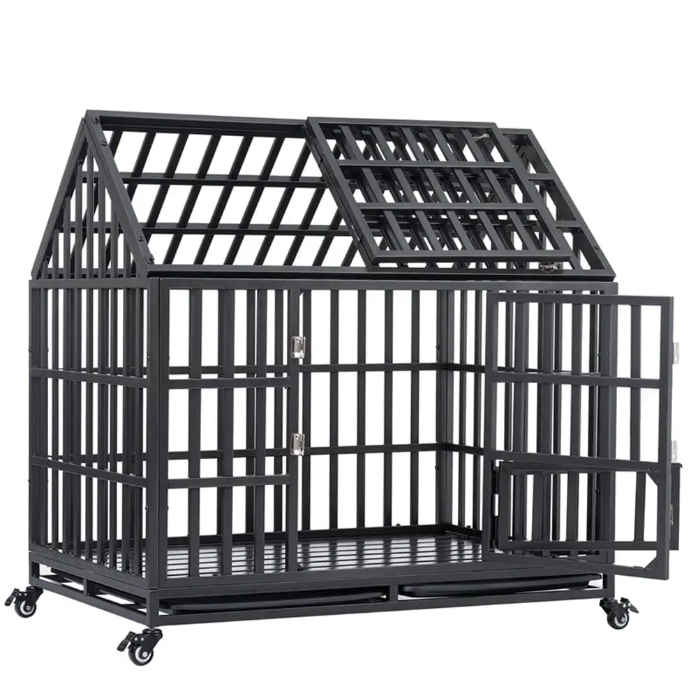 Vivifying 44.5 Heavy Duty Dog Crate Large Dog Cage Strong Metal Dog Kennels and Crates for Large Dogs with 4 Lockable Wheels. Easy to Assemble. Black