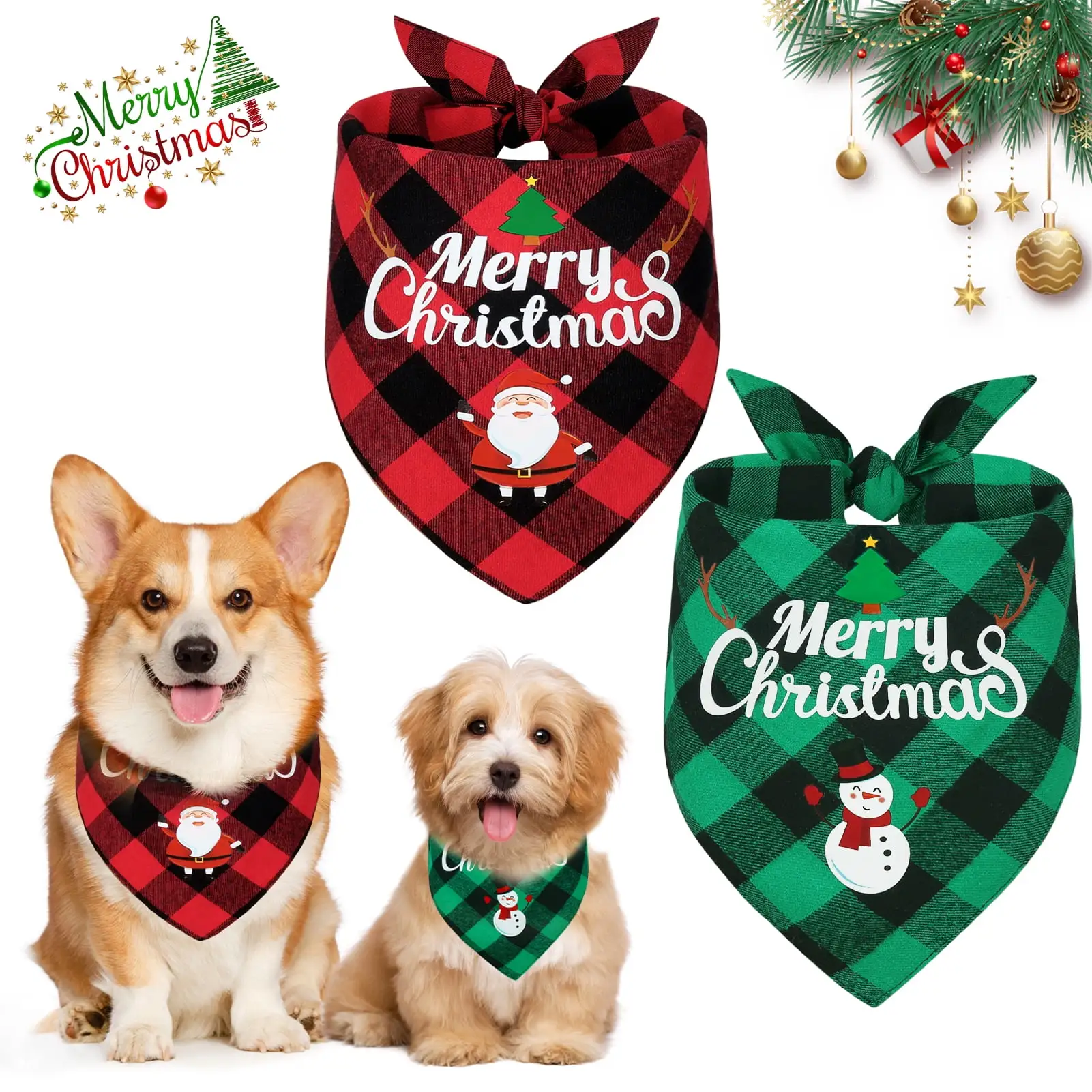 Vivifying Christmas Dog Bandanas 2 Pack. Plaid Dog Pet Bandanas Multiple Size Offered for Boys and Girls. Pet Scarf Triangle Bibs Pet Costume Accessories for Small Medium Large Dogs Cats