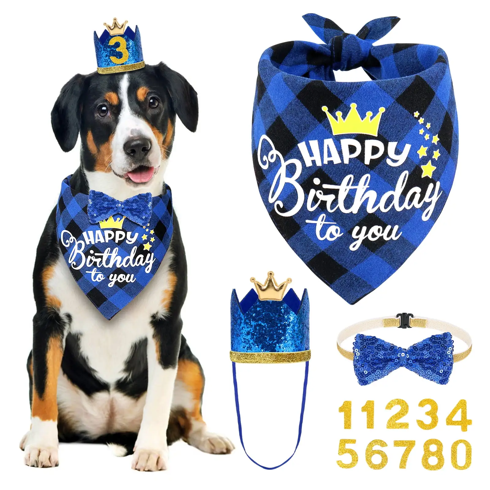 Vivifying Dog Birthday Bandana Set. Doggie Birthday Party Supplies Decorations (11-Piece Set) with Cute Dog Bow Tie. Crown Hat with Numbers for Small Medium Large Dogs. Blue Dog Birthday Outfit (Blue)