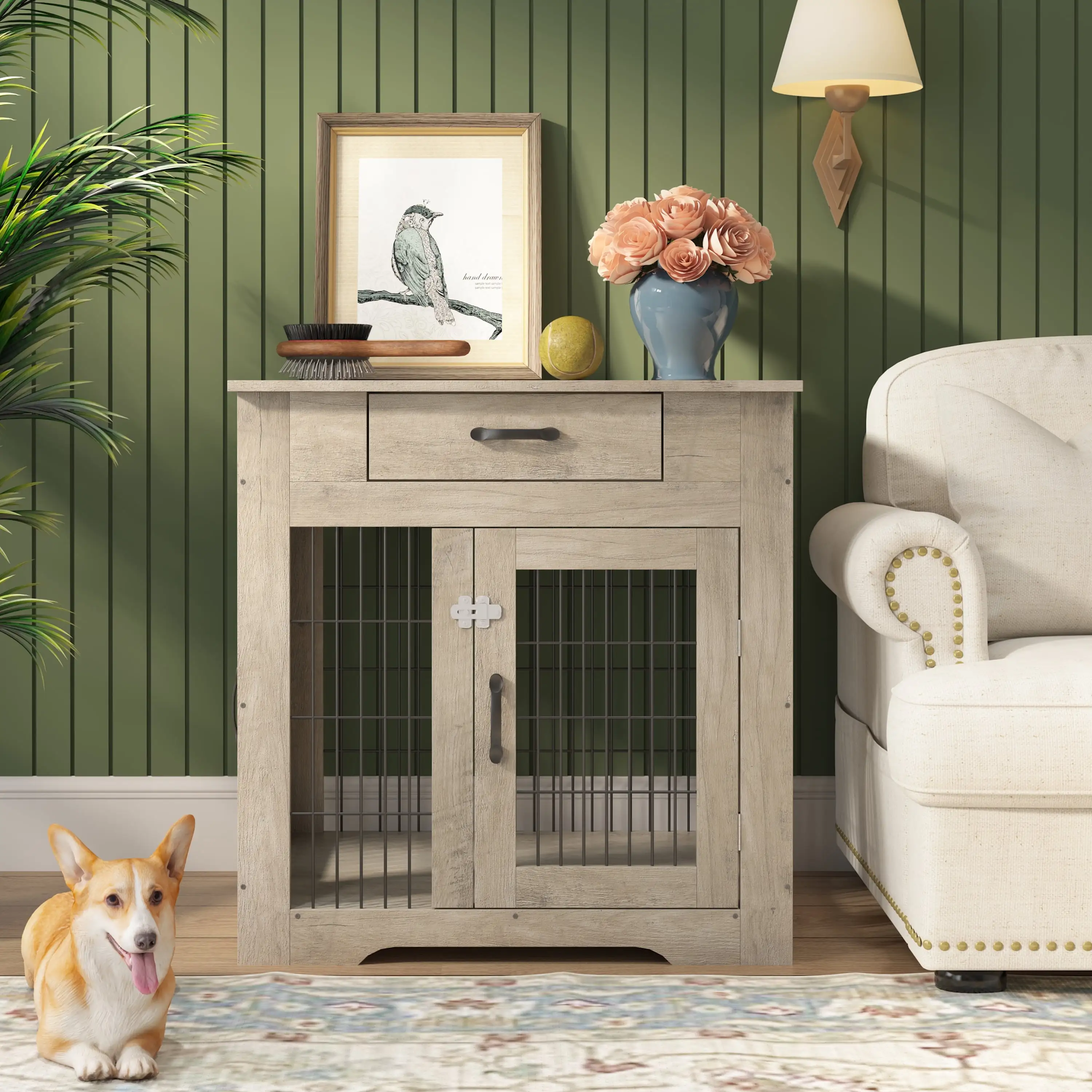 Vivifying Dog Crate Furniture. Wooden Dog House. Decorative Dog Kennel with Drawer. Indoor Pet Crate End Table for Small Dog. Steel-Tube Dog Cage. Chew-Proof. R Grey .29.92w x 24.80 d x 30.71H