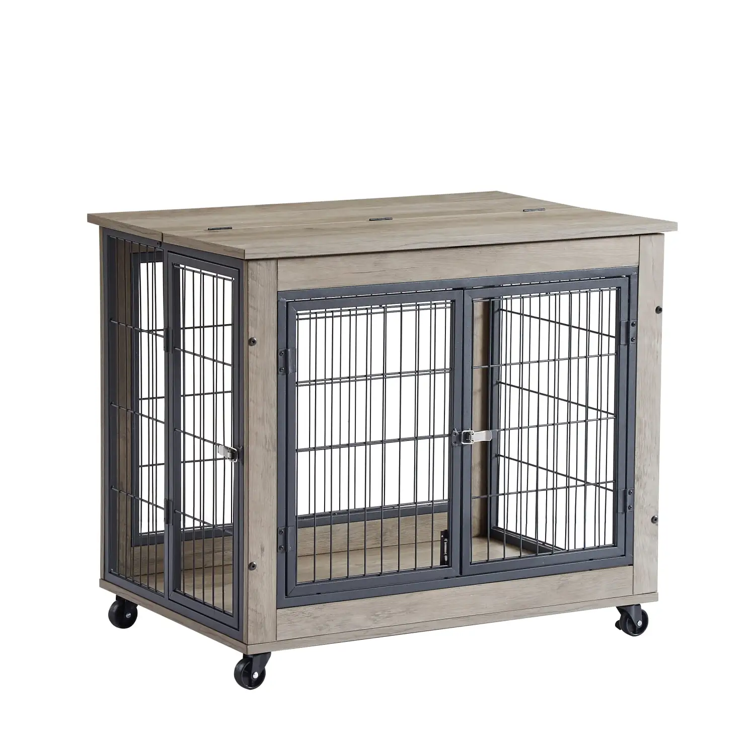 Vivifying Furniture Dog Cage Crate with Double Doors on Casters. Grey. 31.50'' W x 22.05'' D x 24.8'' H.