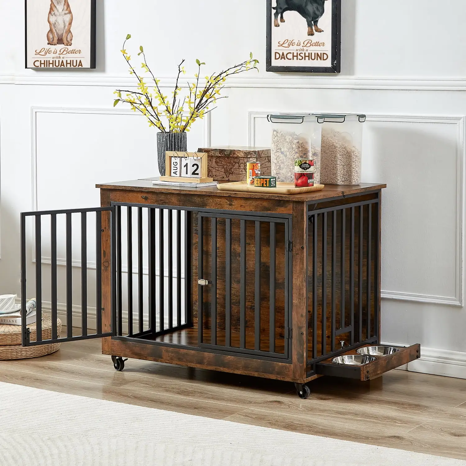 Vivifying Furniture Style Dog Crate Side Table With Feeding Bowl. Wheels. Three Doors. Flip-Up Top Opening. Indoor. Rustic Brown. 38.58W x 25.2D x 27.17H