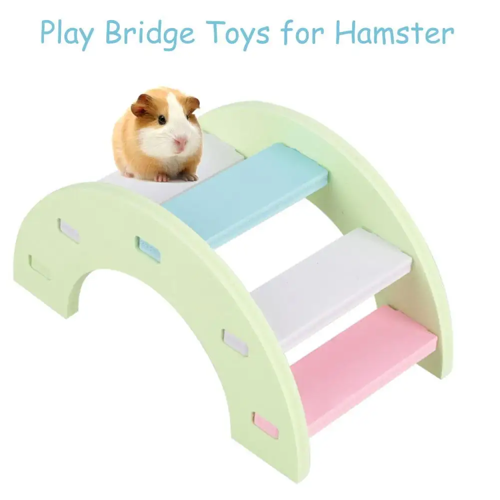 WALFRONT Wooden Hamster Play Bridge Toys Rainbow Seesaw Activity Cage for Pet Guinea Pig Mice (Pink/Green)