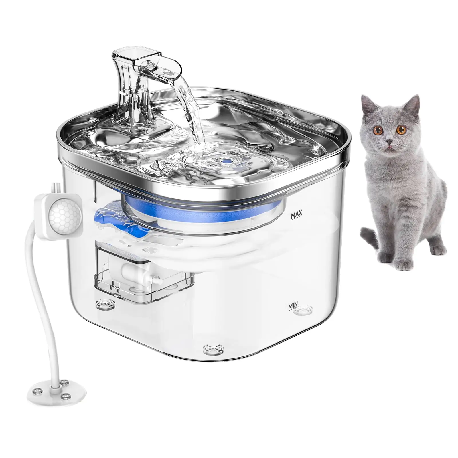 WF040 Cat Fountain with Intelligent Induction 2L67oz Semi Stainless Steel Drinking Fountain Automatic Dispenser with Silent Pump for Cat Dog Other 5V