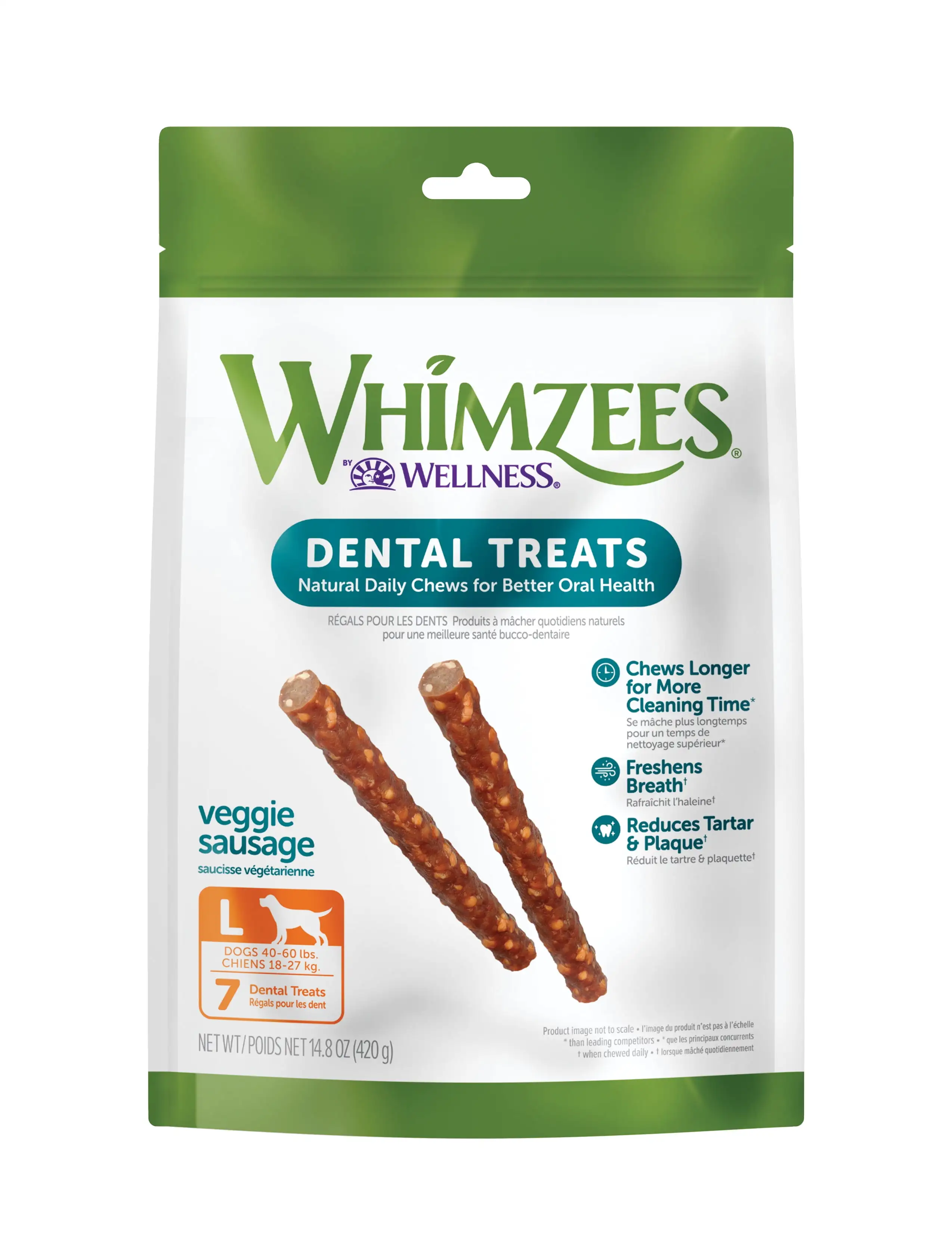 WHIMZEES by Wellness Veggie Sausage Natural Grain Free Dental Chews for Dogs. Large Breed. 7 count