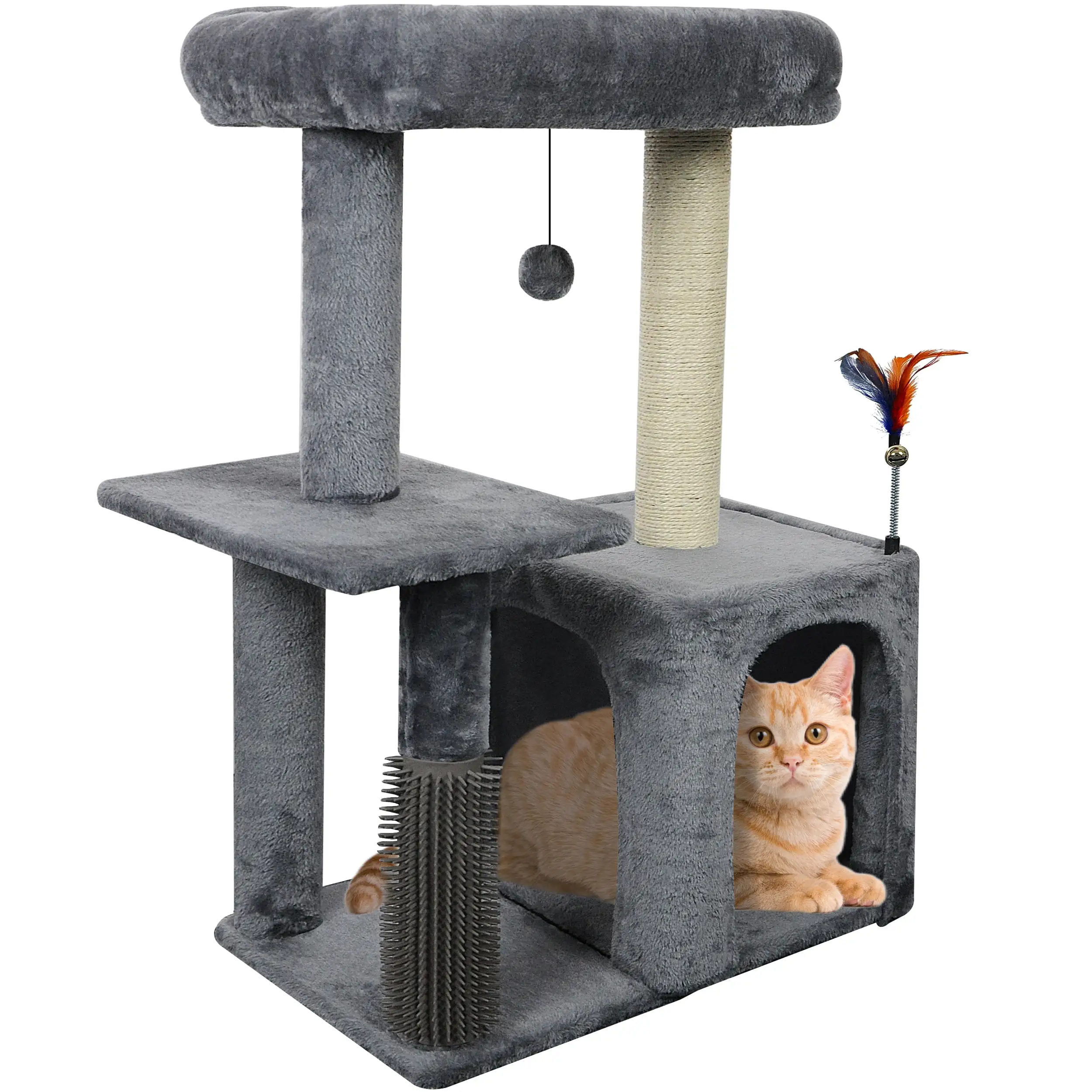 WK 31.50 Cat Tree for Indoor Cats with Cat Condo and Scratching Post.Cute Cat Tower with Self-Grooming Brush and Toy Balls.Grey