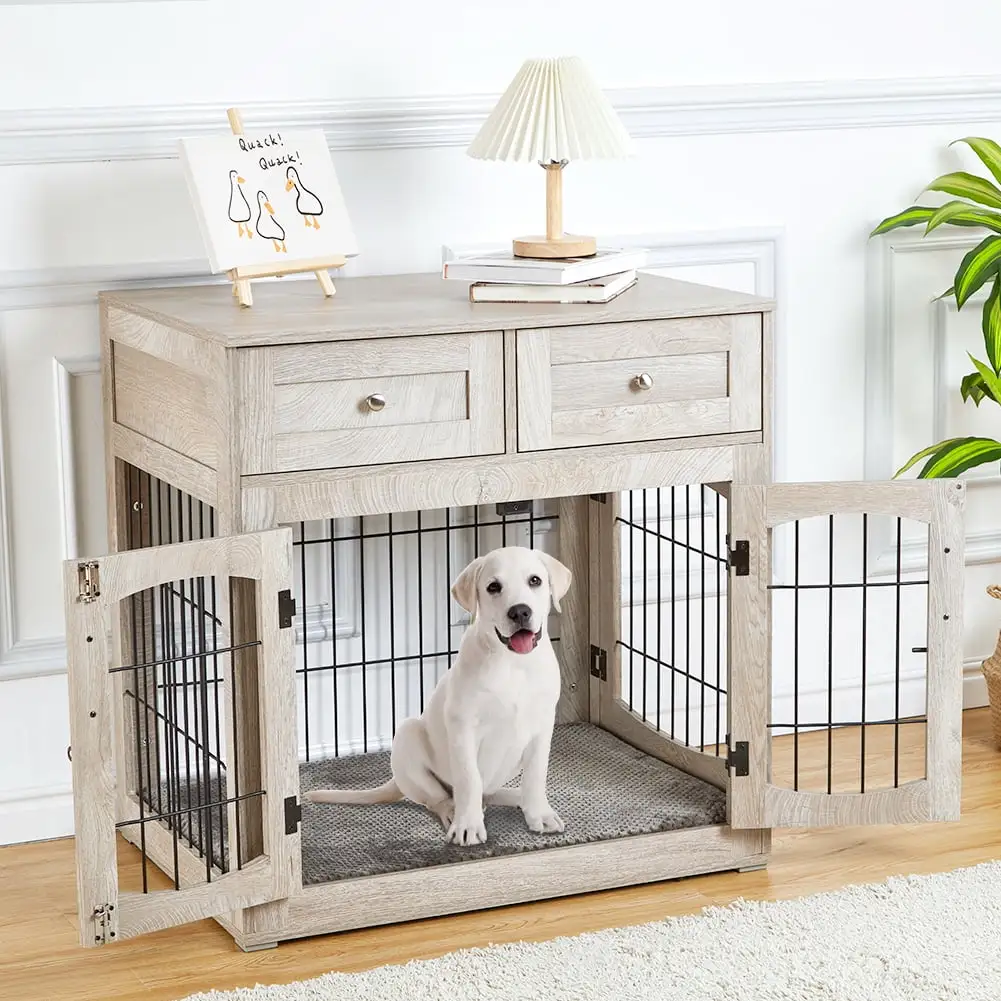 WPOND 32L Heavy Duty Dog Crate Furniture With 3 Doors. 2 Drawer Wooden Kennel Coffee Table. Removable Mat And Side Door Wooden Kennel Furniture For Small To Medium Sized Dogs. Gray