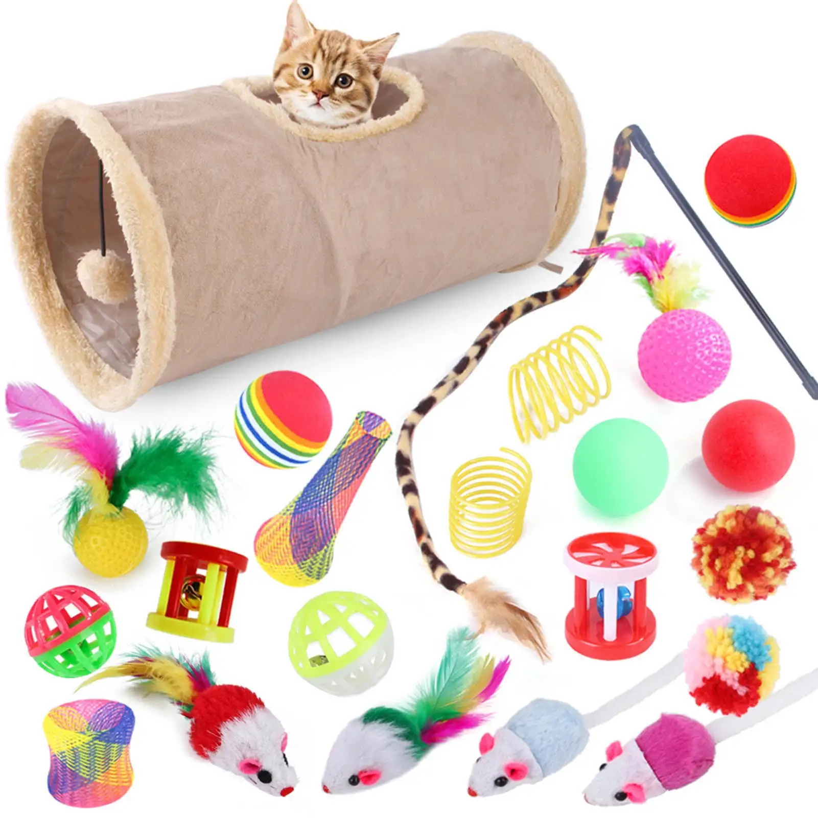 Walbest 22 PCS Cat Toys Kitten Toys. Variety Catnip Toys with Tunnel Interactive Cat Feather Teaser Fluffy Mouse Crinkle Balls Spring Toy Set for Cat. Kitty