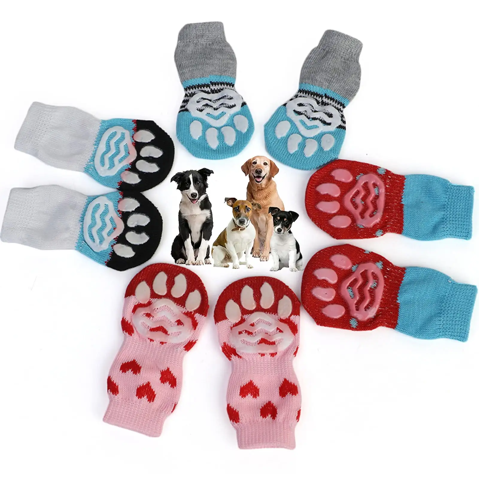 Walbest 4Pcs/Set Small Pet Dog Socks Soft Knitted Cotton Rubber Particles Non-Slip Socks Suitable for Small and Medium Size Dogs and Cats Paw Protector for Indoor Hardwood Floor Walking (Blue. M)