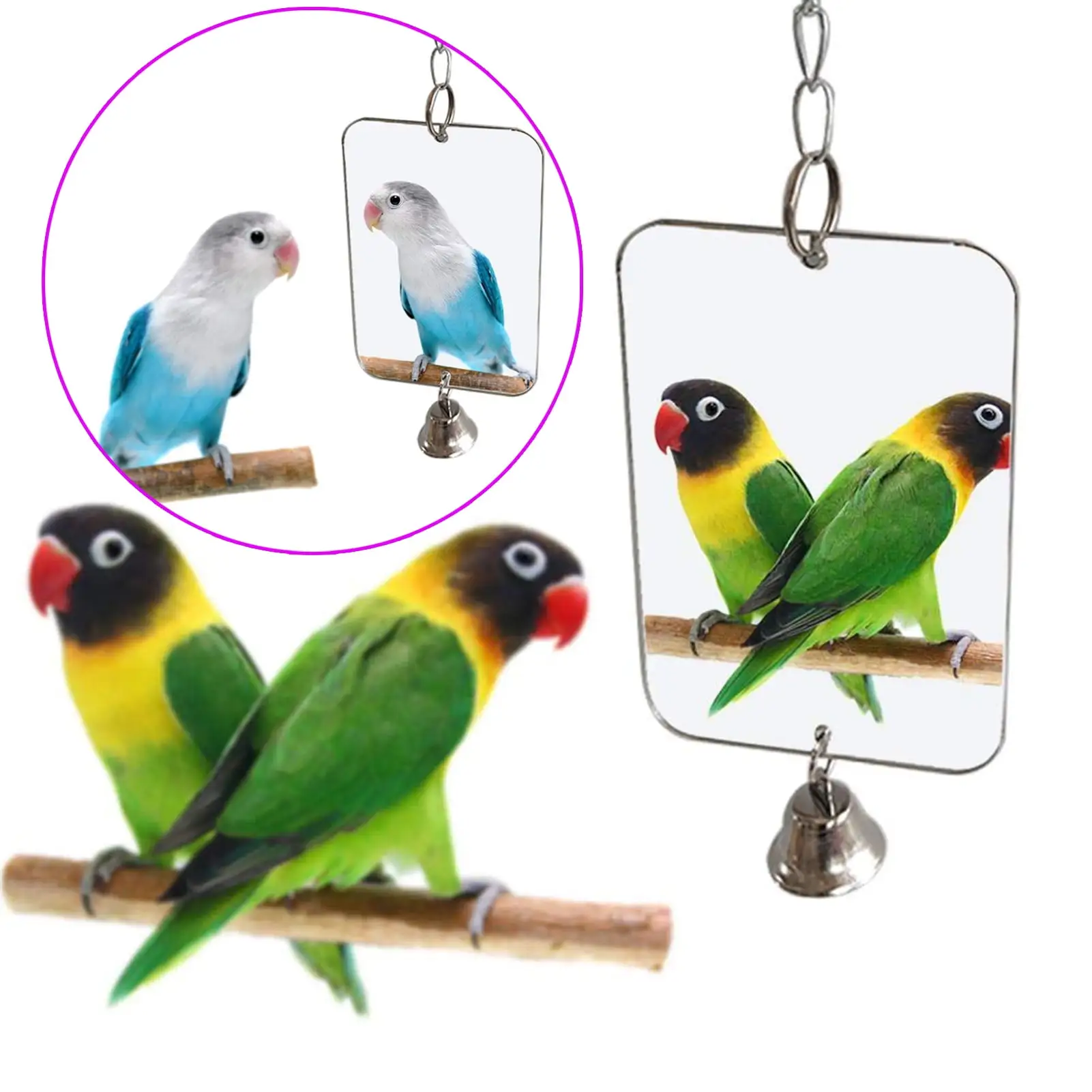 Walbest Bird Mirror with Bell. Parrot Cage Toy Cage Decoration. Pet Bird Acrylic Mirror for Greys Parakeet Cockatoo Cockatiel Conure Lovebirds Canaries Little Macaw African Parrot