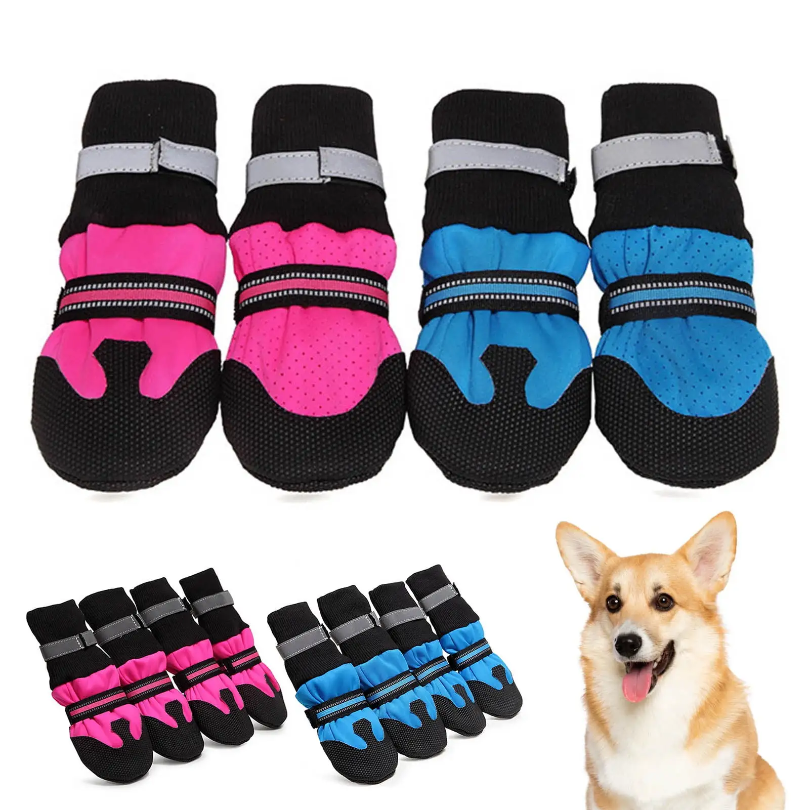 Walbest Breathable Dog Boots Mesh Dog Shoes with Adjustable Straps Non-Slip Soft Sole Dog Paw Protector Boots for Small and Medium Sized Dog Daily Walking. Set of 4