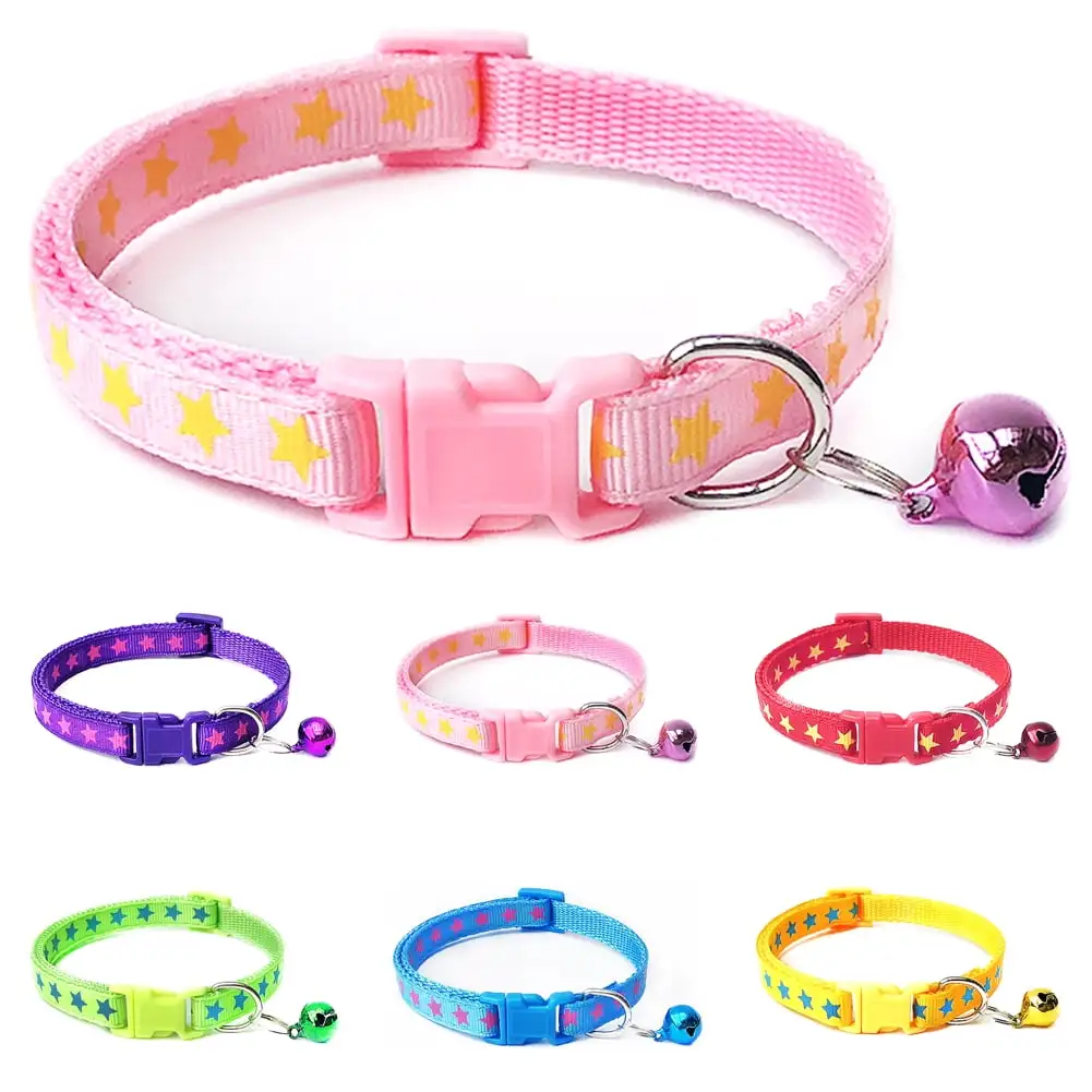 Walbest Pentagram & Reflective Cat Collar with Bell Basic Dog Cat Collar Buckle Adjustable Polyester Cat Dog Collar or Seatbelts