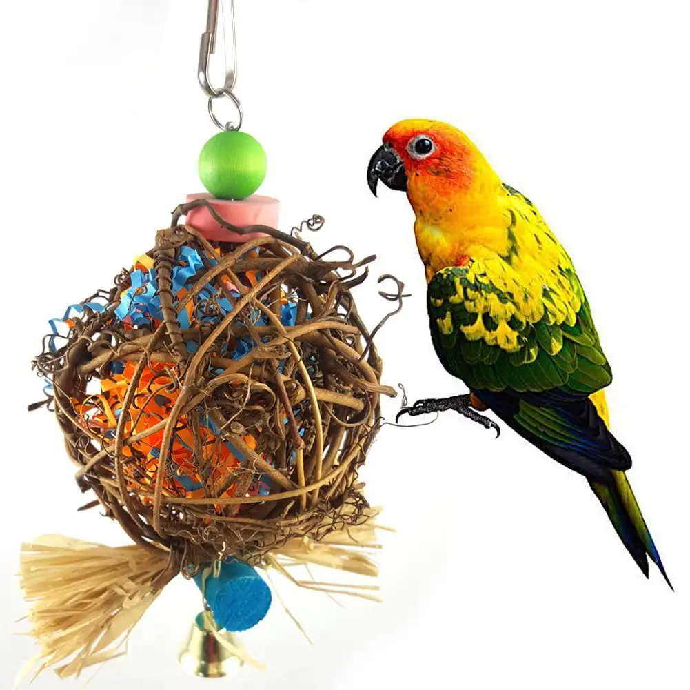 Walbest Small Parrot Chewing Toy Rattan Ball with Paper Strips for Budgie Parakeet Bird