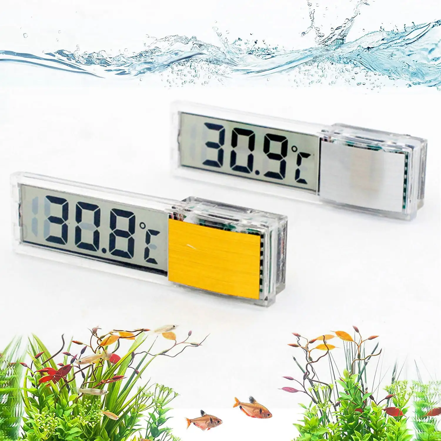 Walbest Stick-on Digital Aquarium Thermometer. Suitable for Saltwater and Freshwater. Mini Fish Tank Thermometer for Fish. Lizards. Turtles and Other Reptiles (Silver)