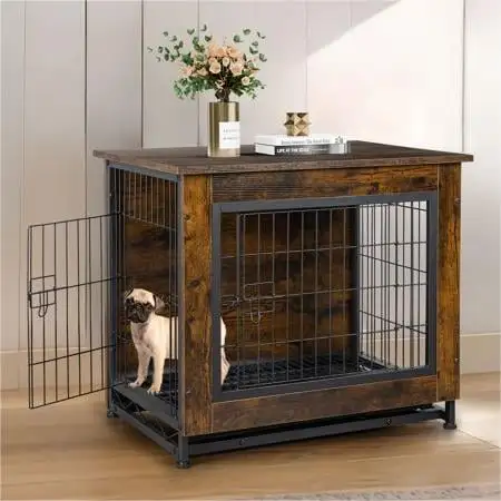 Walsunny Wooden Dog Crate Furniture.Double-Doors Kennel Indoor with Divider and Removable Tray.End Table Dog Crate for Decoration 27.2L x 20.1W x 23.6H.Brwon