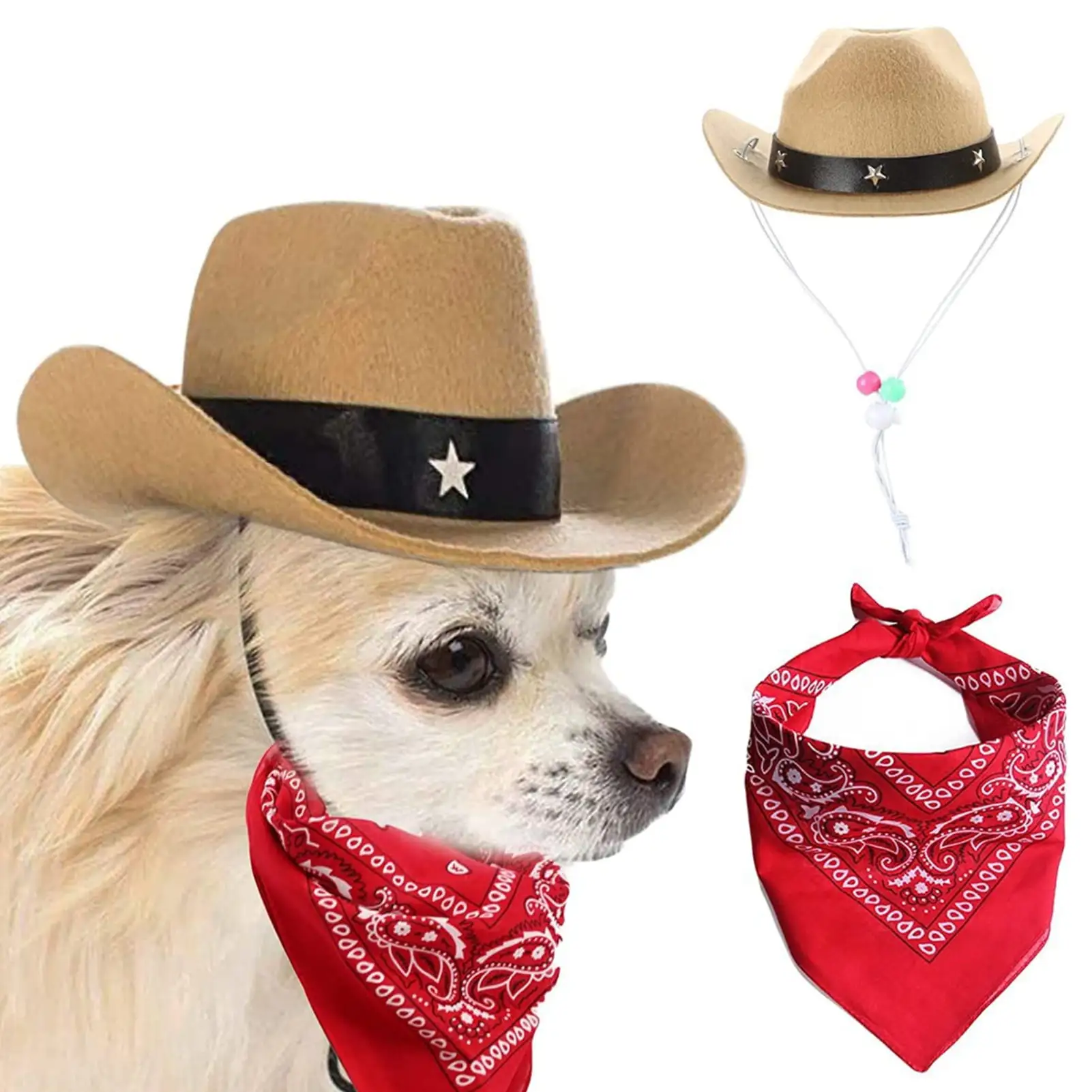 Warkul Western Cowboy Dog Costume Hat Scarf Set Breathable Adjustable Buckle Funny Dog Costumes for Small Medium Large Dogs Pets