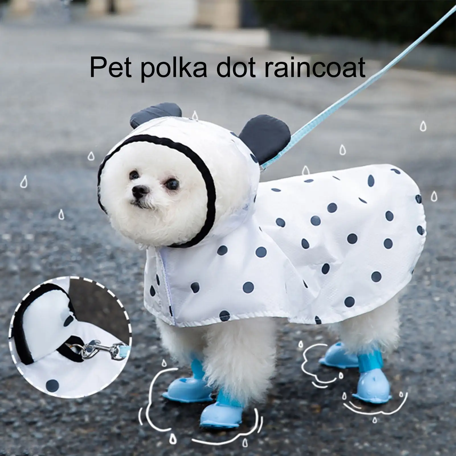 Waroomhouse Dog Raincoat with Traction Hole 3D Ears Design Dot Print Breathable Mesh Fastener Tape Rainproof Quick Dry Puppy Waterproof Rain Jacket Poncho for Small Dogs