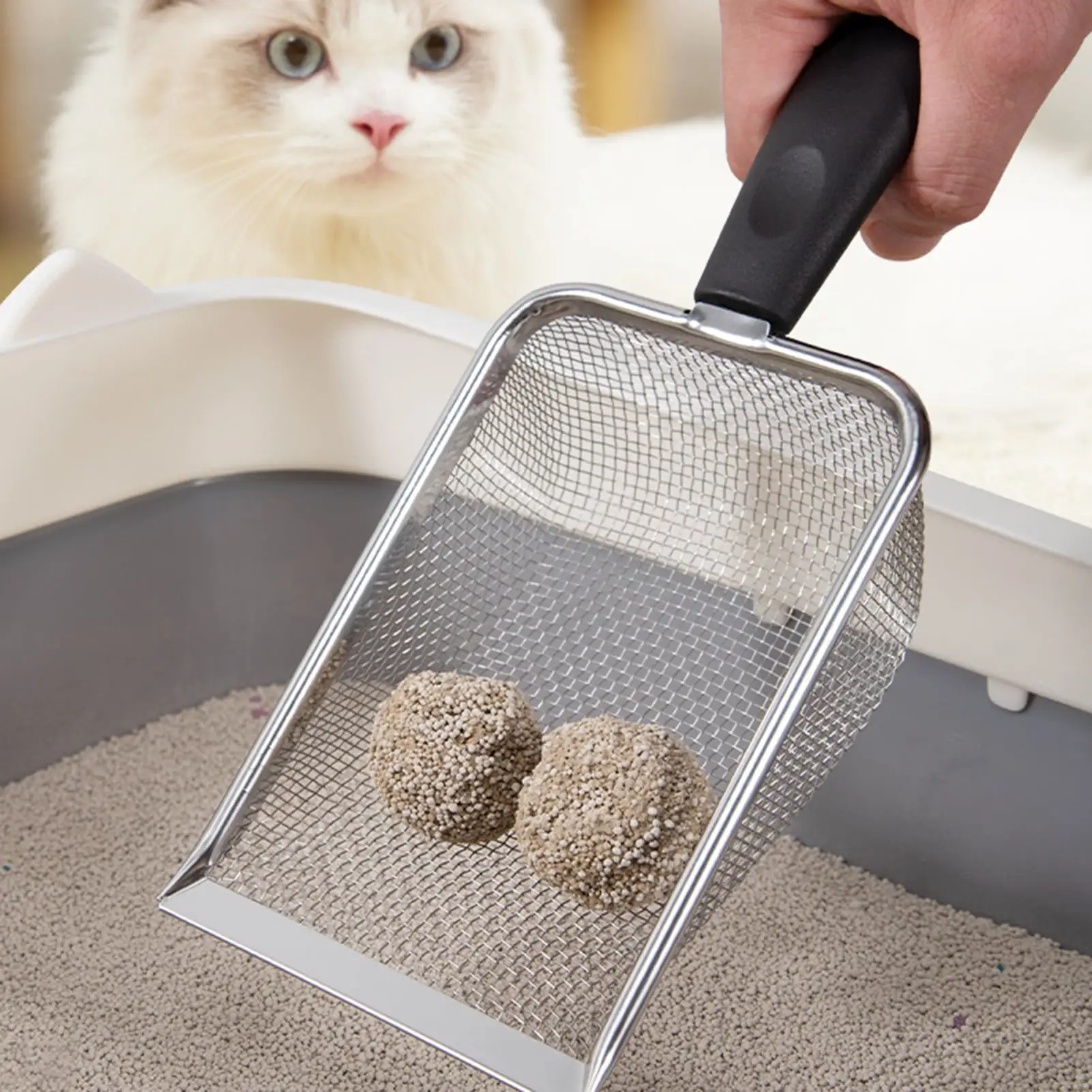 Washranp Metal Fine Mesh Cat Litter Scoop with Handle.Multifunctional Non-Stick Coated Reptile Litter Shovel Sand Hanging Hole Pet Cleaning Supplies