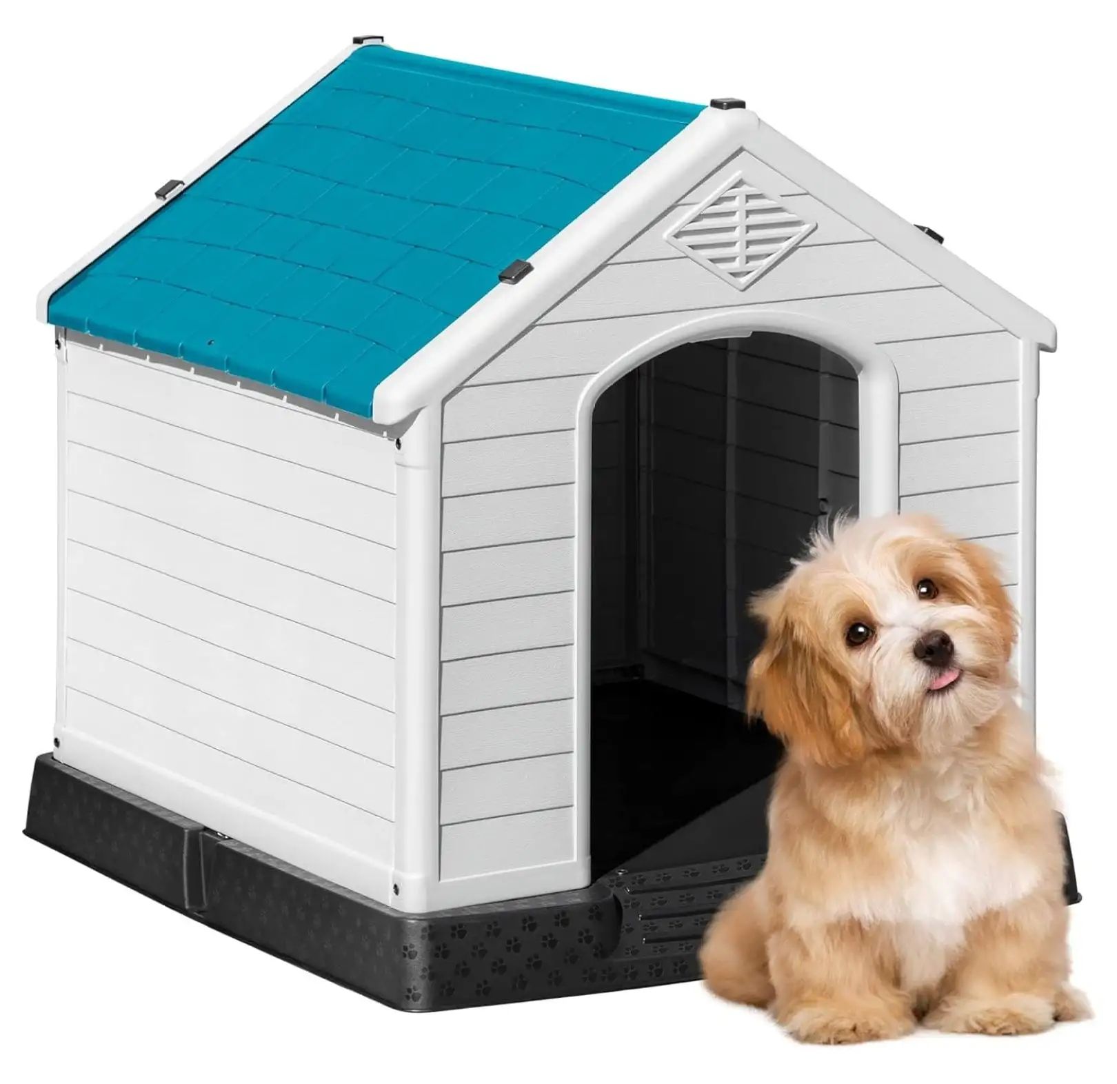 Waterproof Plastic Dog House. 28.5'' Outdoor Indoor Doghouse for Small. Medium. Large Sized Dogs. Insulated Puppy Shelter with Elevated Floor. Dog Kennel Easy to Assemble (Blue. 28)