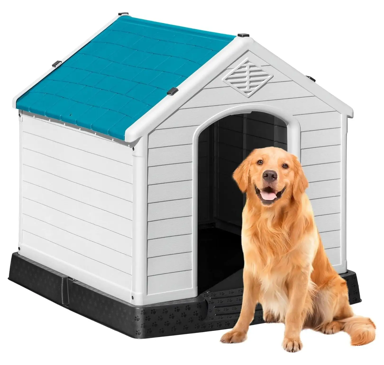 Waterproof Plastic Dog House. 34.5'' Outdoor Indoor Doghouse for Small. Medium. Large Sized Dogs. Insulated Puppy Shelter with Elevated Floor. Dog Kennel Easy to Assemble (Blue. 34)