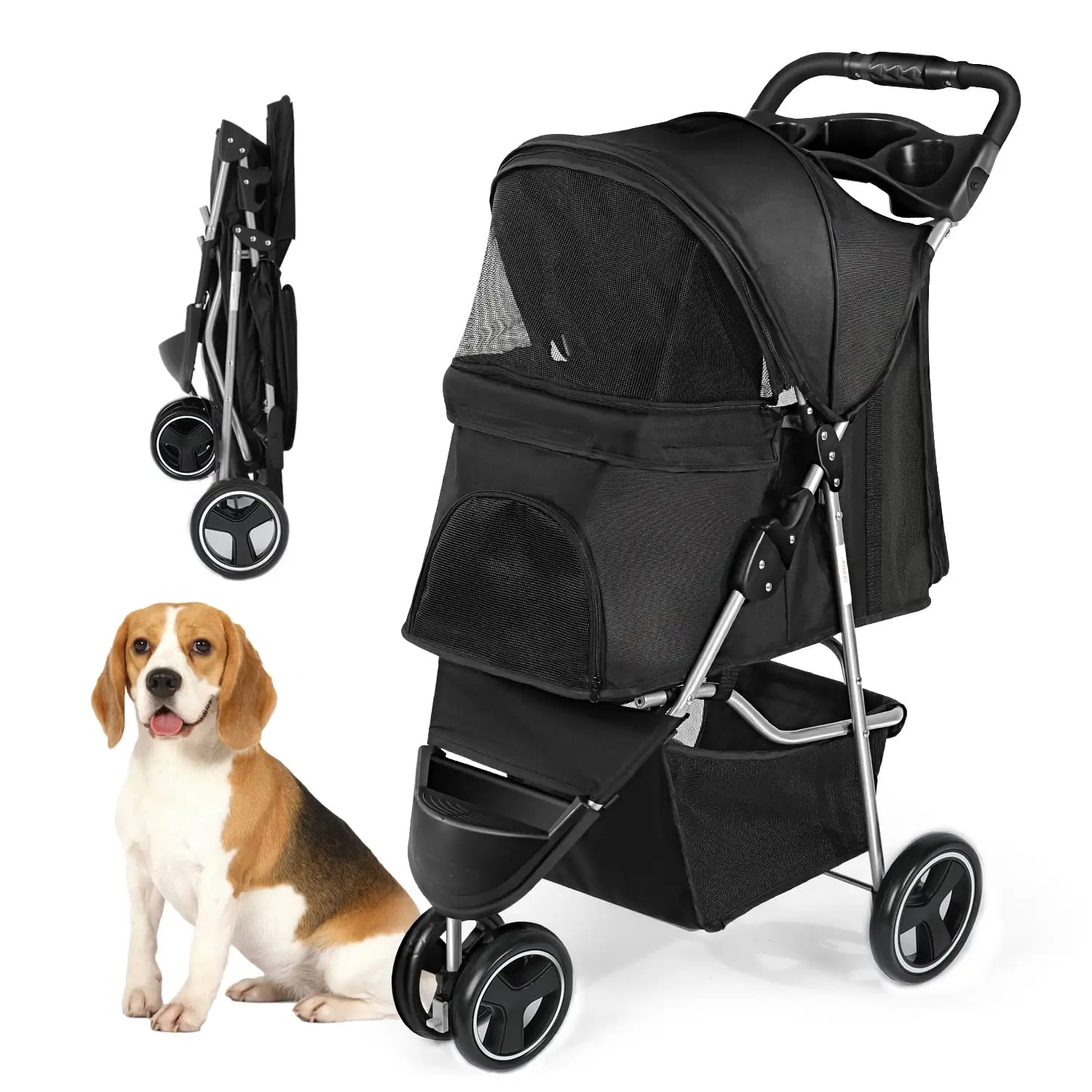 Wedyvko 3 Wheel Pet Folding Dog Stroller. Large Capacity. 360 ??? Rotating Front Wheels-Black