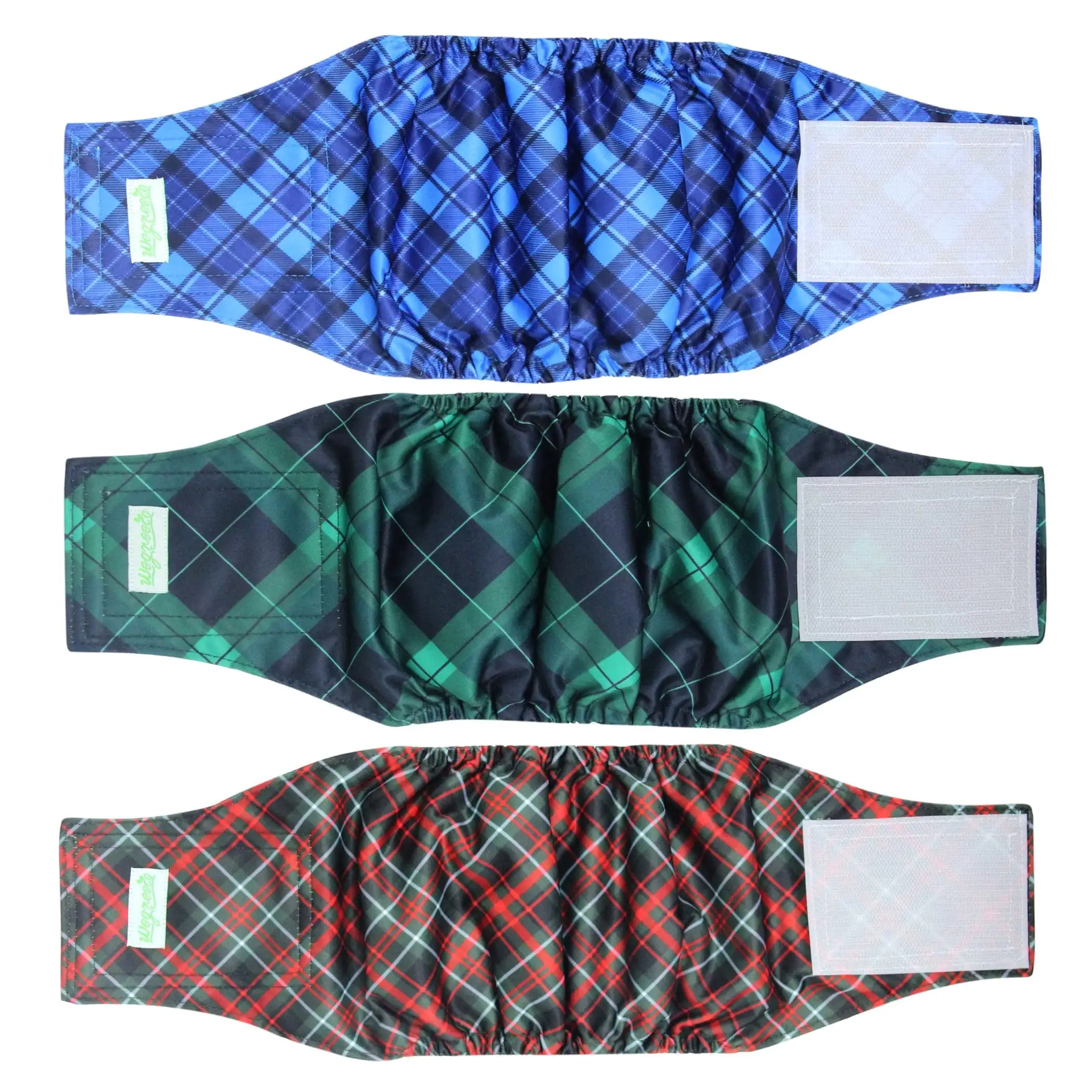 Wegreeco Pack of 3 Reusable Male Dog Belly Band. Washable Premium Male Dog Diapers. Super-Absorbent Dog Wraps. Medium. Blue. Green. Red Plaid