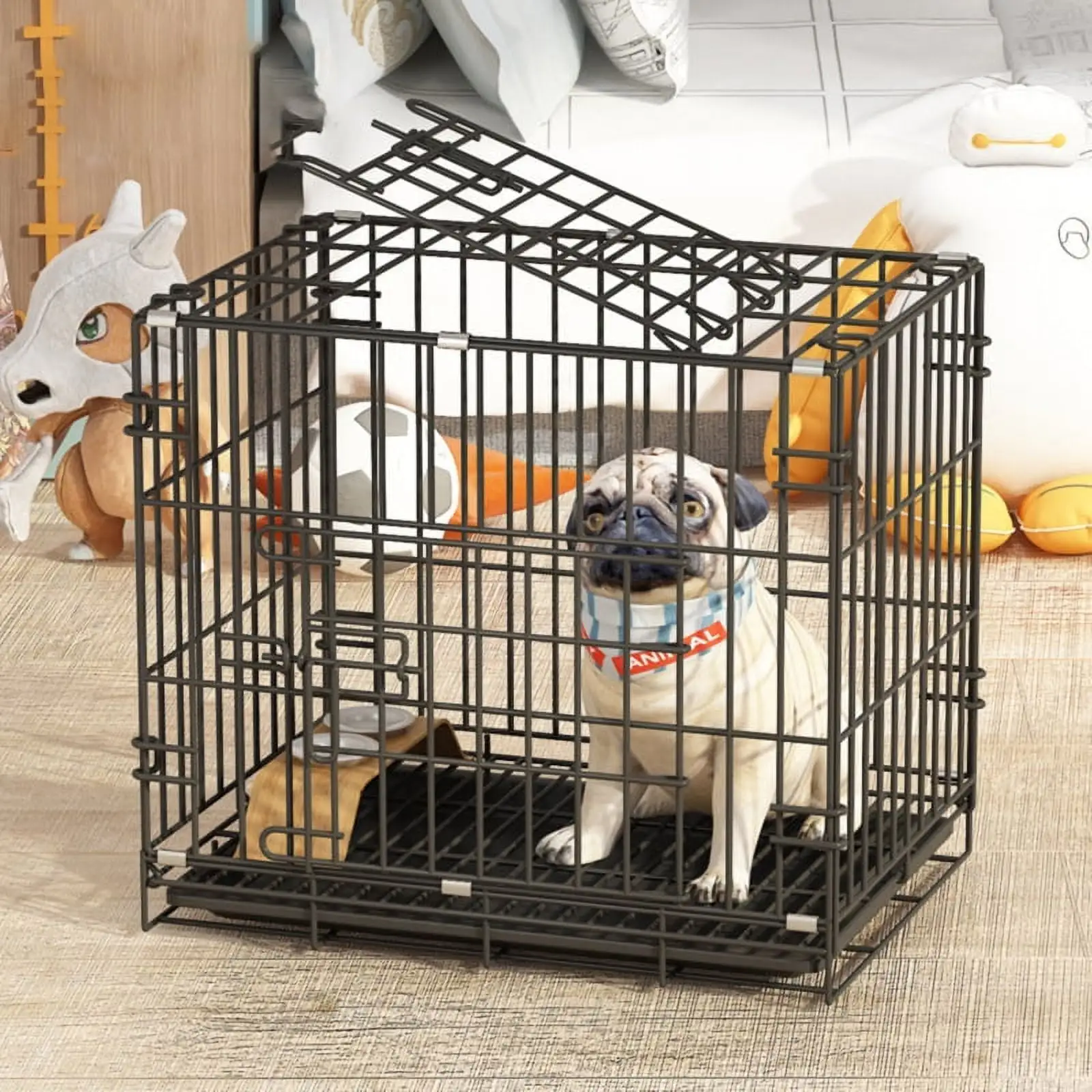 Wehilion Heavy Duty Foldable Metal Wire Double Door Dog Crate with Divider and Removable Tray (24-inch) (Small)