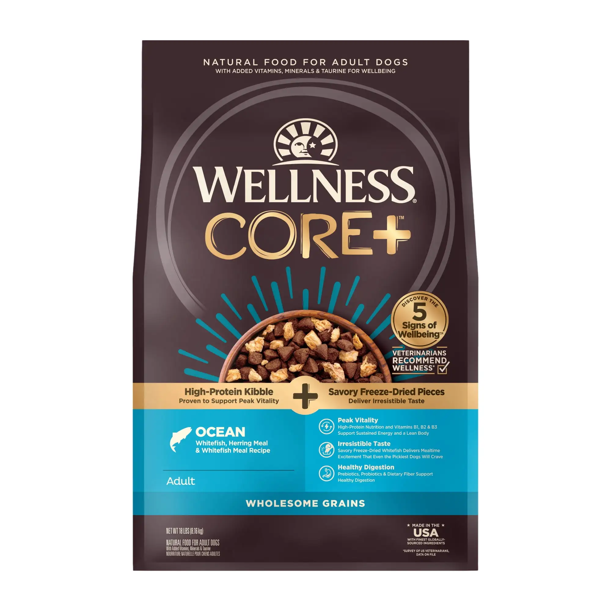 Wellness CORE+ Grained Dry Dog Food. Ocean Recipe with Freeze Dried Whitefish. 18 Pound Bag