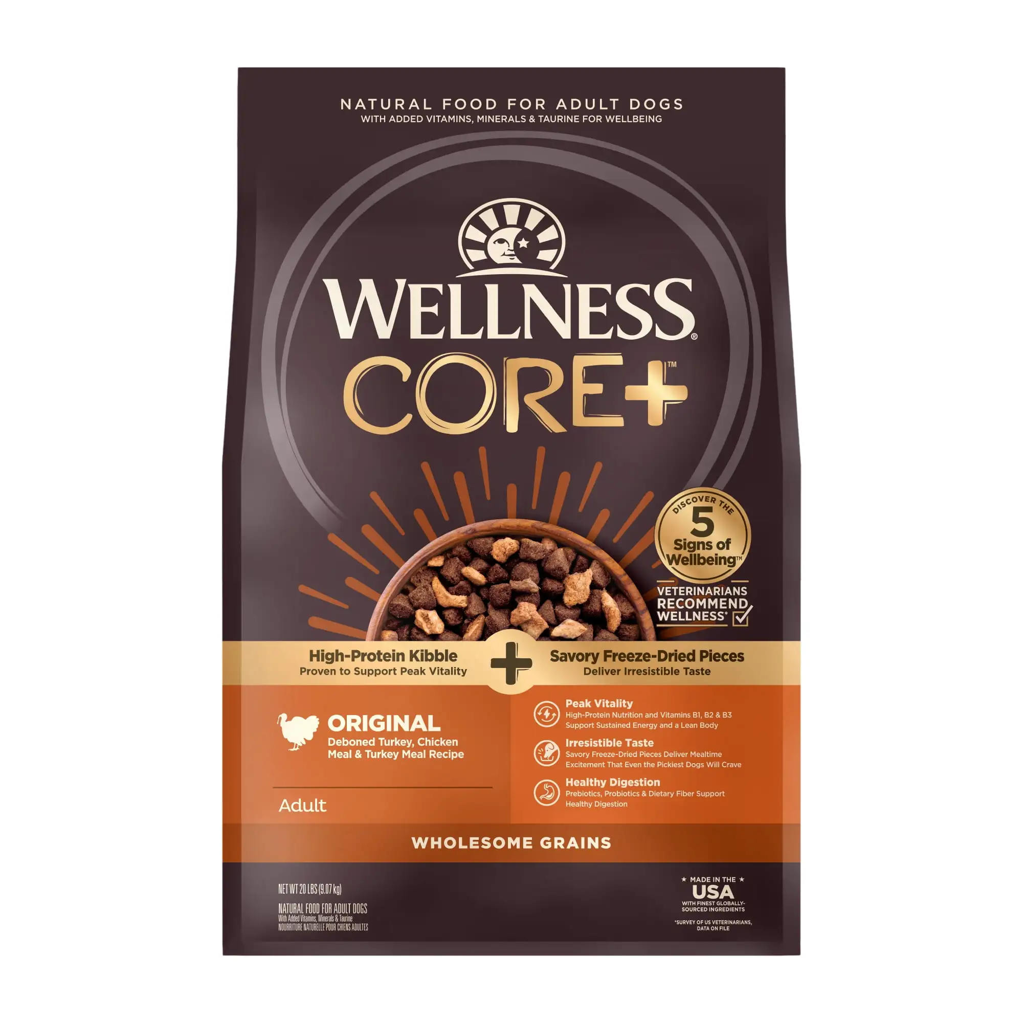 Wellness CORE+ Grained Dry Dog Food. Original Recipe with Freeze Dried Turkey. 20 Pound Bag