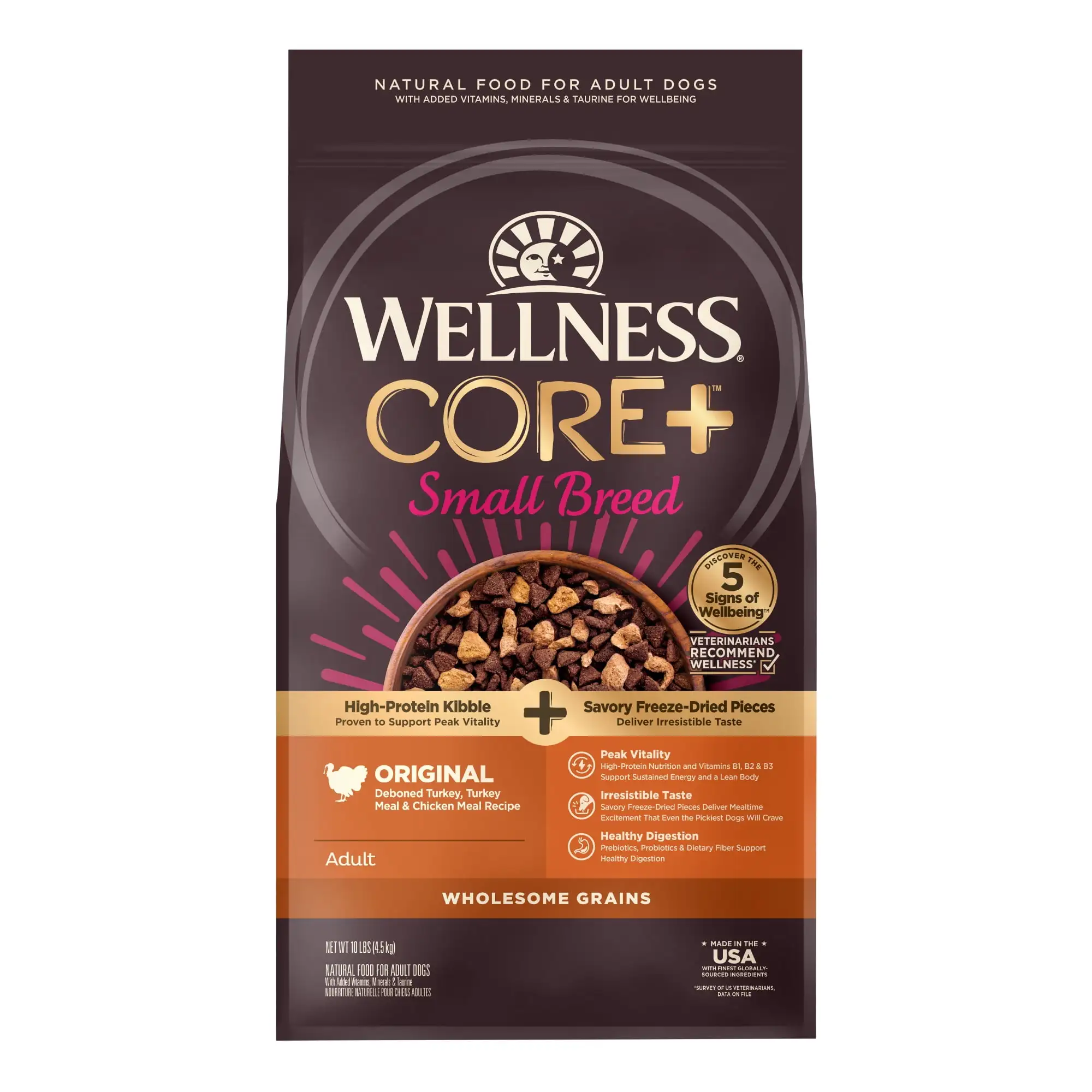 Wellness CORE+ Grained Small Breed Dry Dog Food. Original Recipe with Freeze Dried Turkey. 10lb Bag