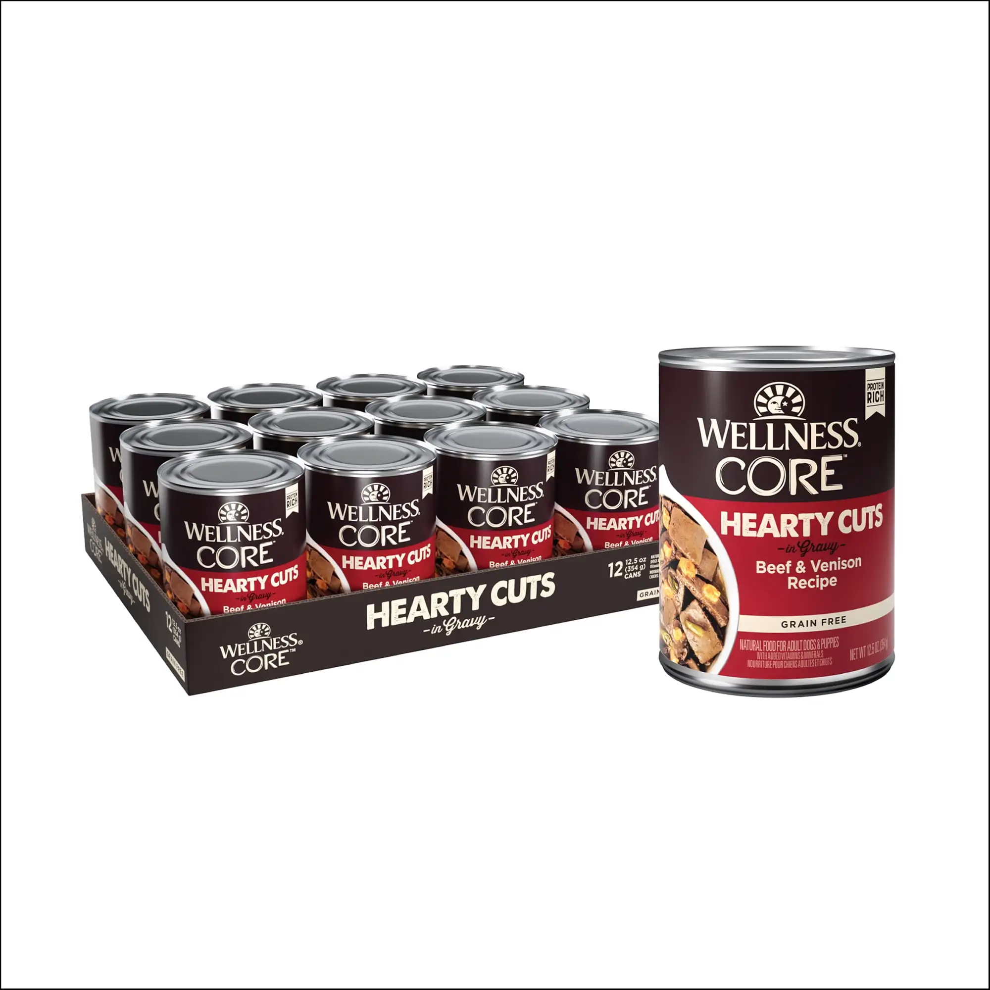 Wellness CORE Hearty Cuts Natural Wet Grain Free Canned Dog Food. Beef & Venison. 12.5-Ounce Can (Pack of 12)